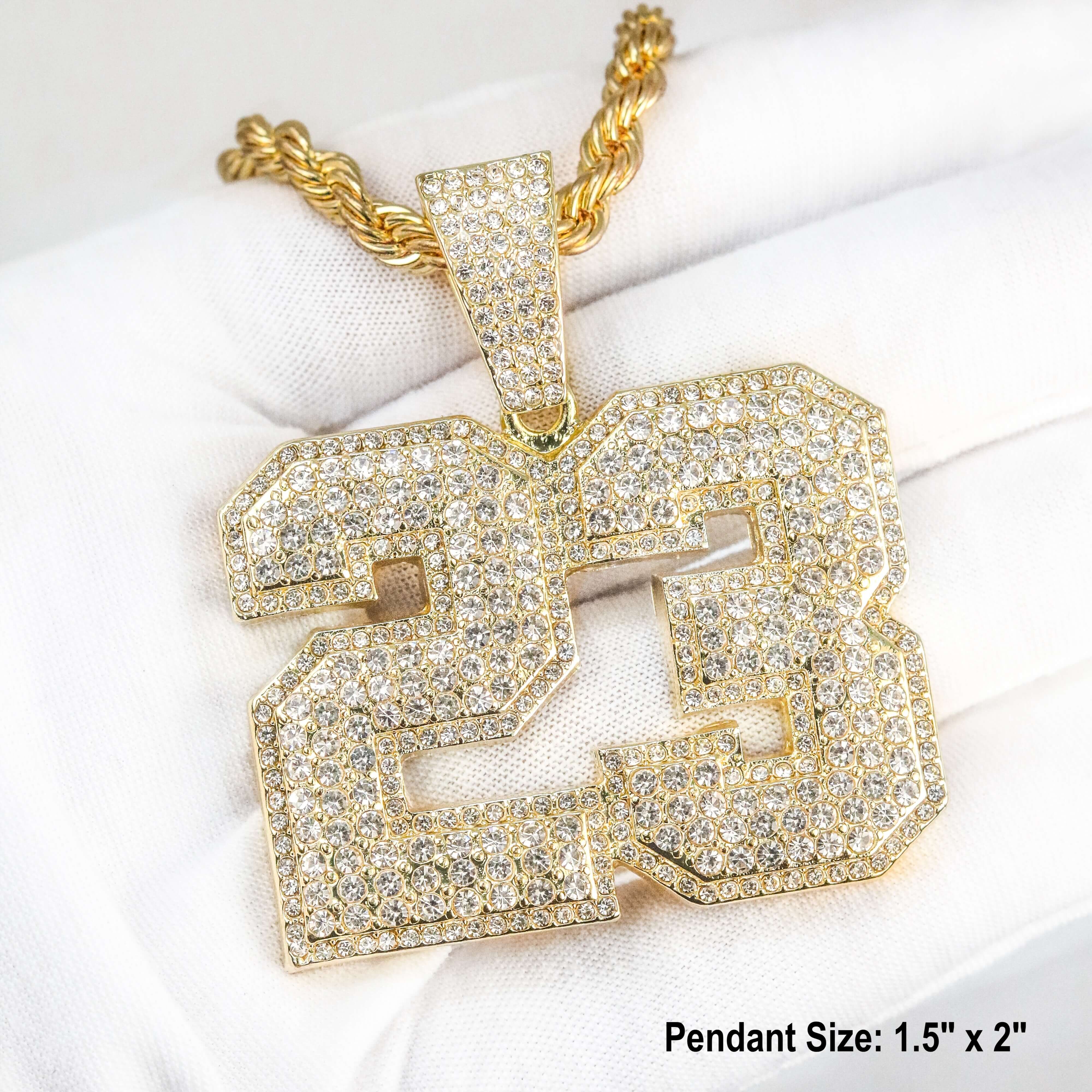 Gold iced-out 23 pendant necklace with pavé stones and rope chain, classic bold number design