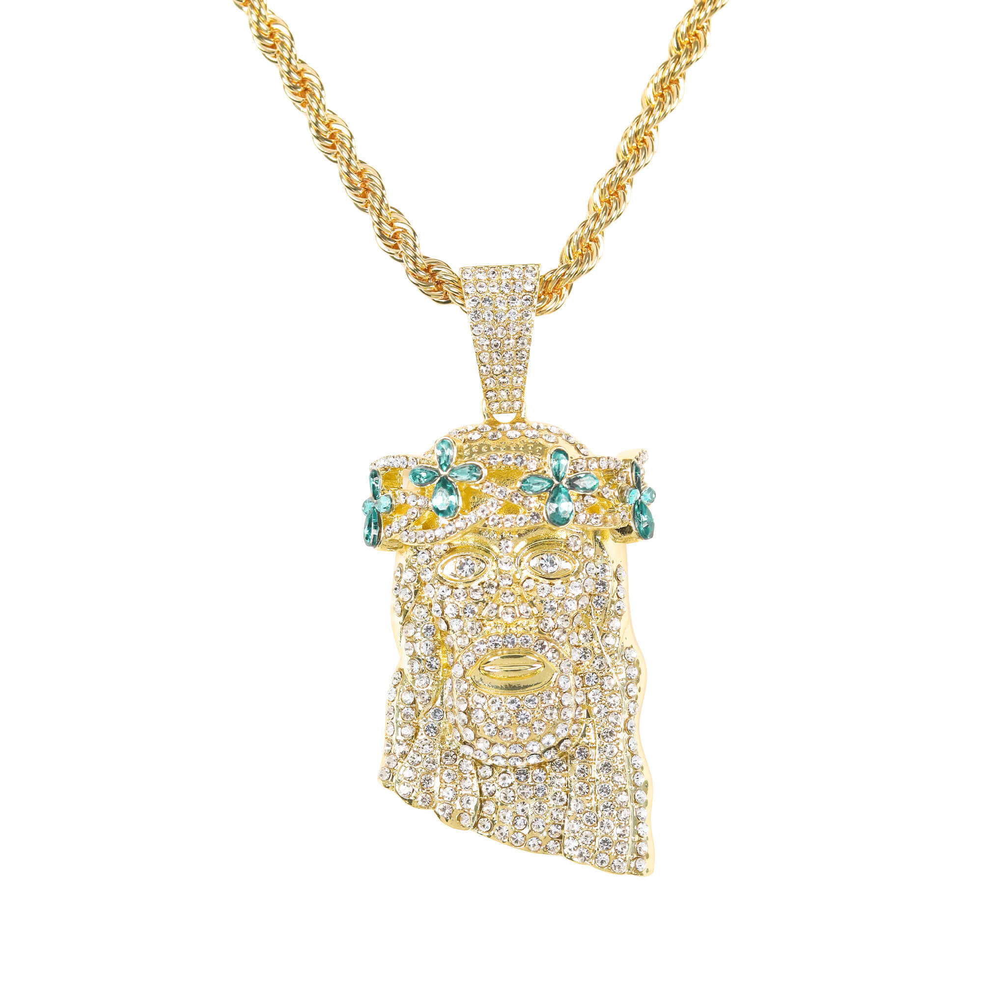 Large gold floral iced-out Jesus pendant on 8mm rope chain featuring teal gemstone accents.