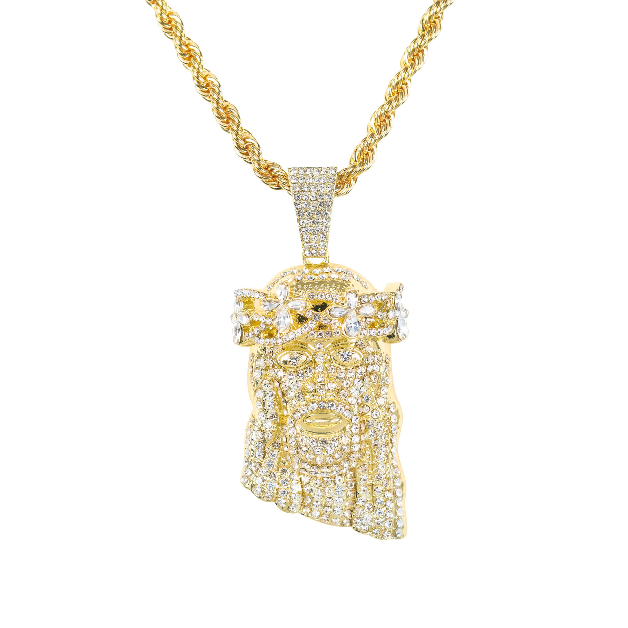 Gold floral iced-out Jesus pendant with clear gemstones shown on 8mm rope chain for display.