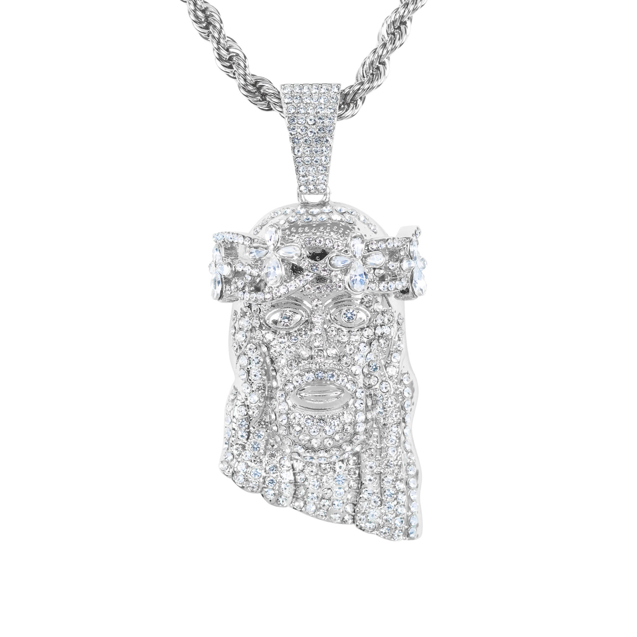 Large silver iced-out Jesus pendant featuring clear floral gemstones on thick rope necklace.
