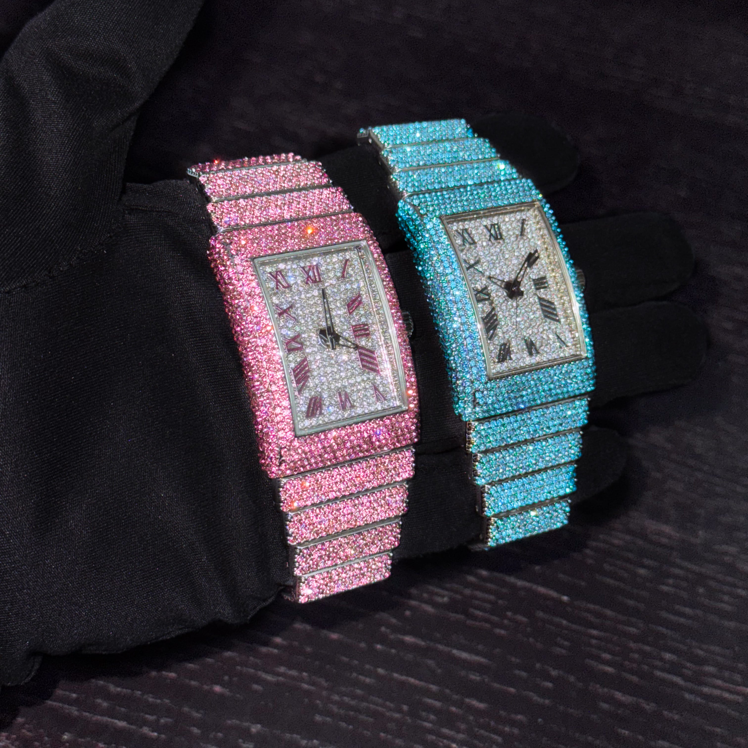 Women's Elegant 33mm Iced Diamond Watch: End-to-end Fully Iced Out Band with Brilliant Colorful Crystals