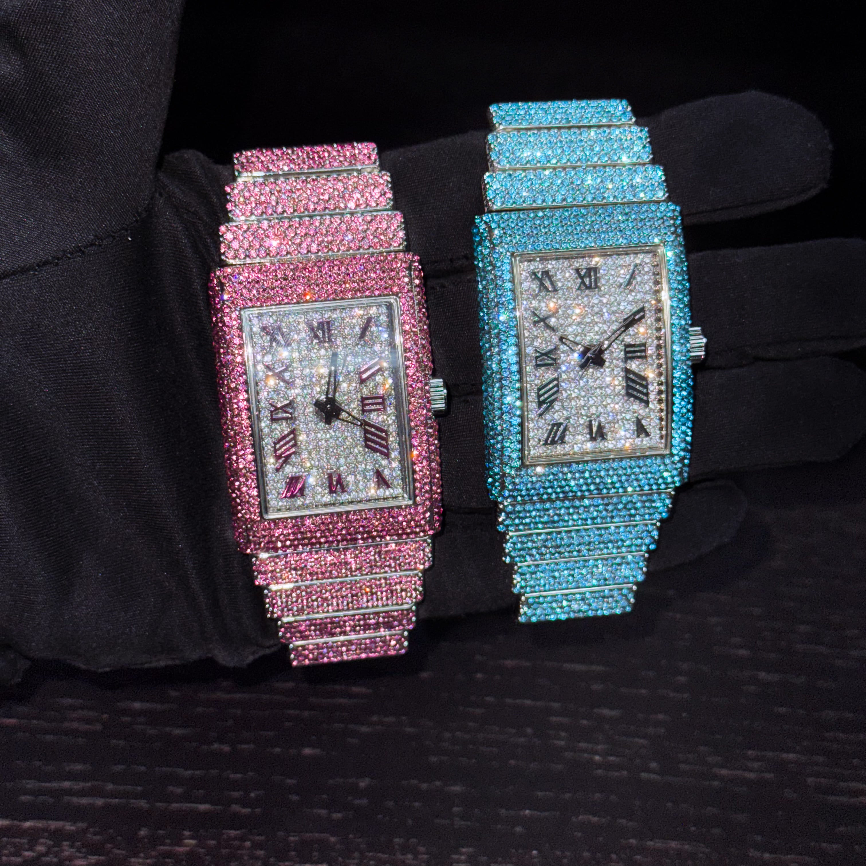 Women's Elegant 33mm Iced Diamond Watch: End-to-end Fully Iced Out Band with Brilliant Colorful Crystals