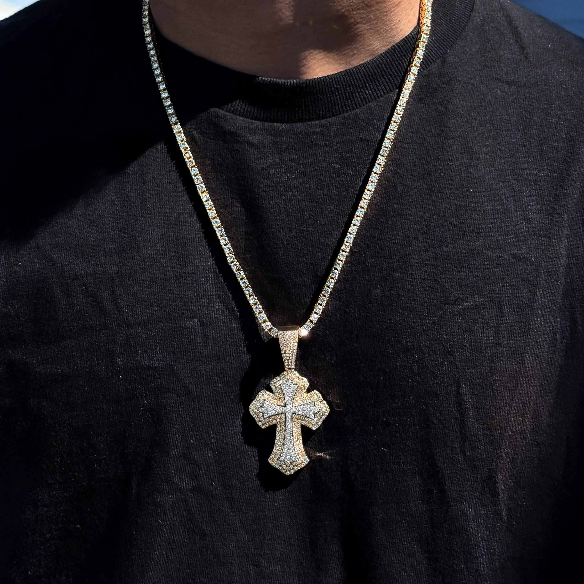 Men's Large 50mm Iced-Out Cross Pendant with 4mm Tennis Chain