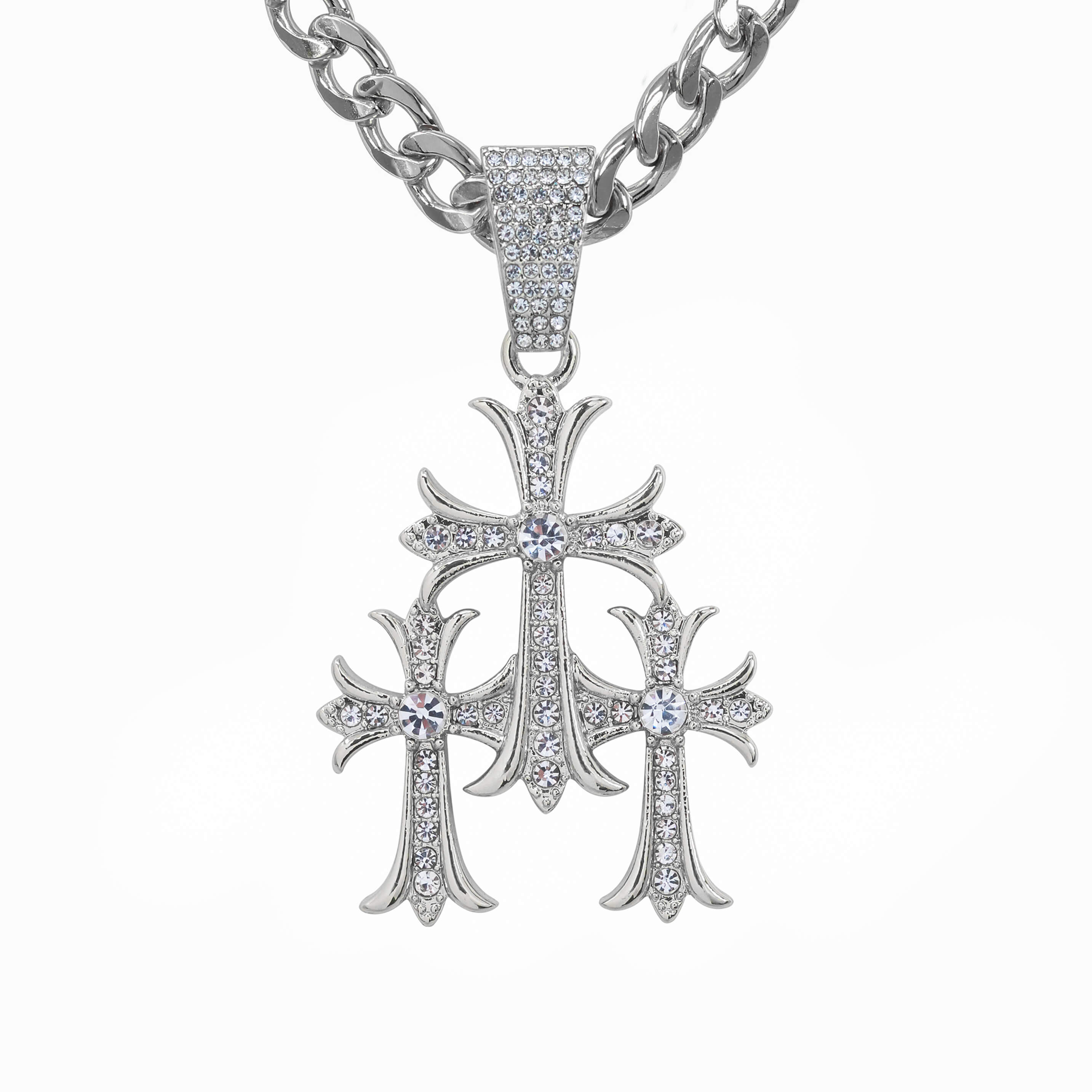 Silver iced out triple cross pendant with clear stones on Cuban necklace, bold faith jewelry design.