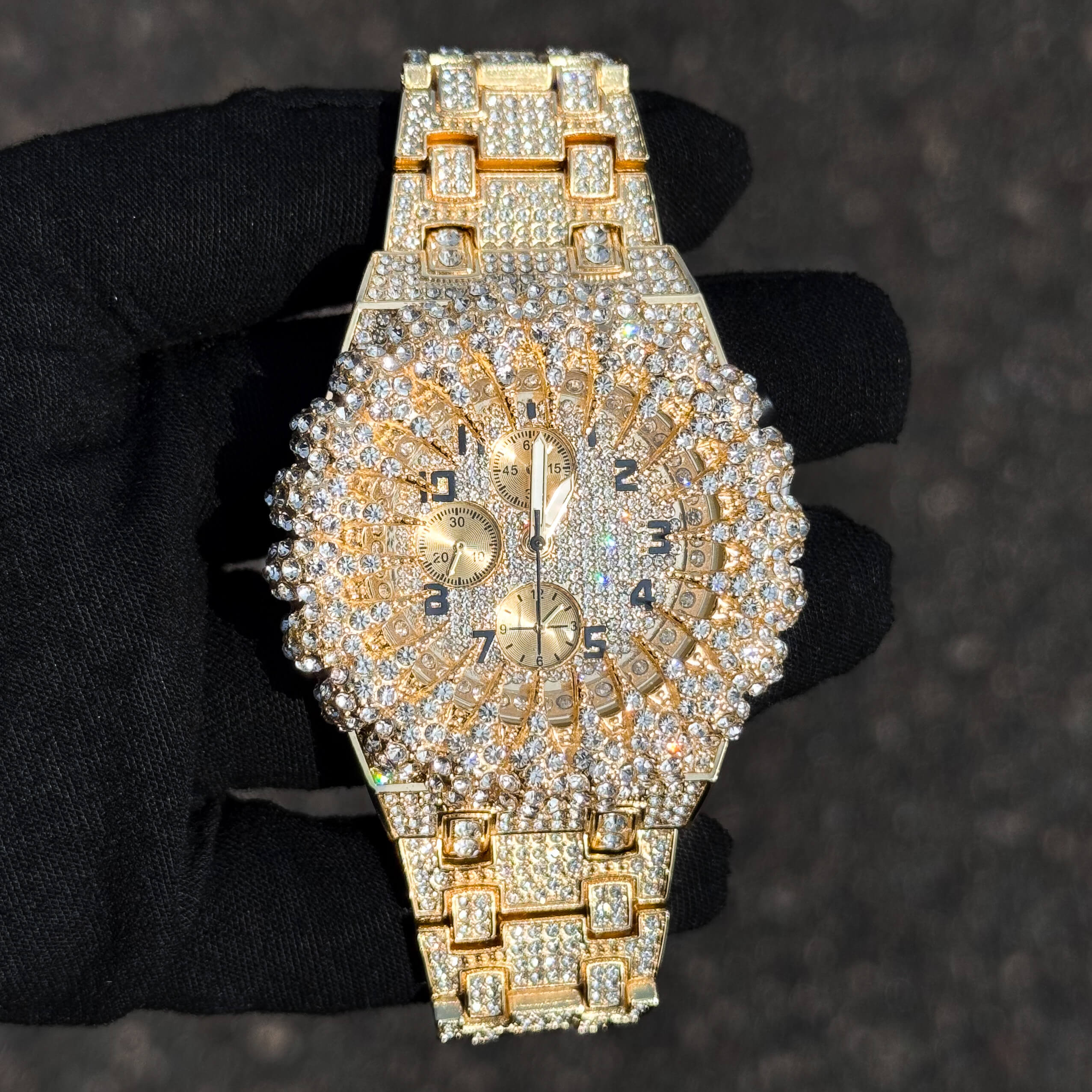 Men's 48mm Iced Out Spike Burst Watch - Metal Band, Quartz Movement