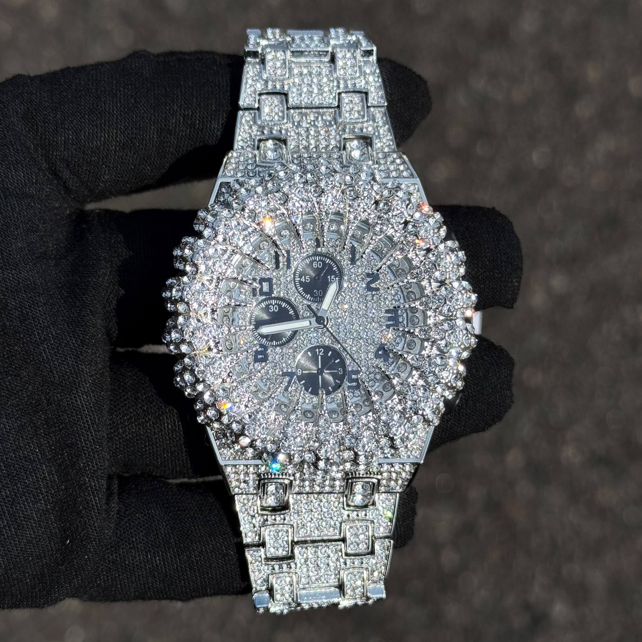 Men's 48mm Iced Out Spike Burst Watch - Metal Band, Quartz Movement