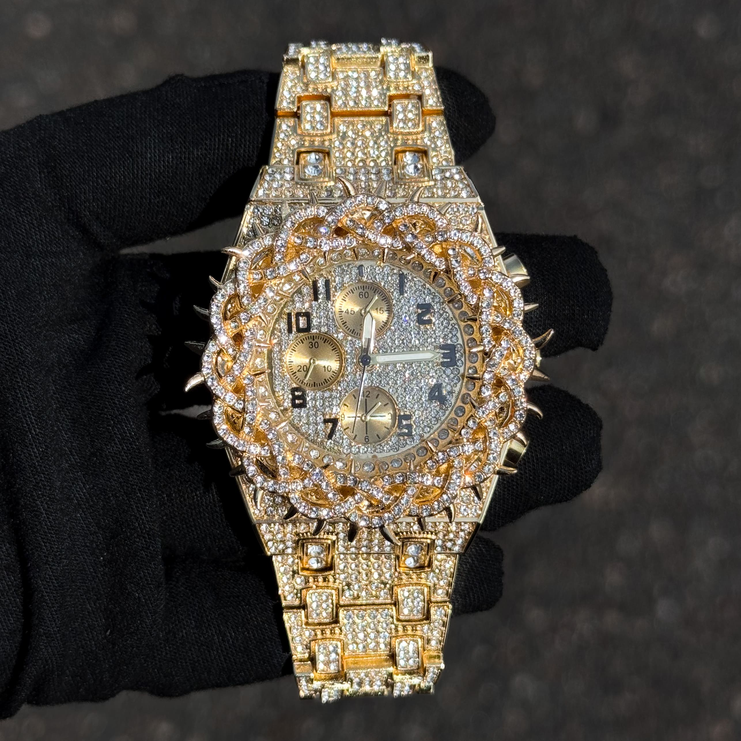 Men's 48mm Fully Iced Out Spike Watch - Metal Band, Quartz Movement