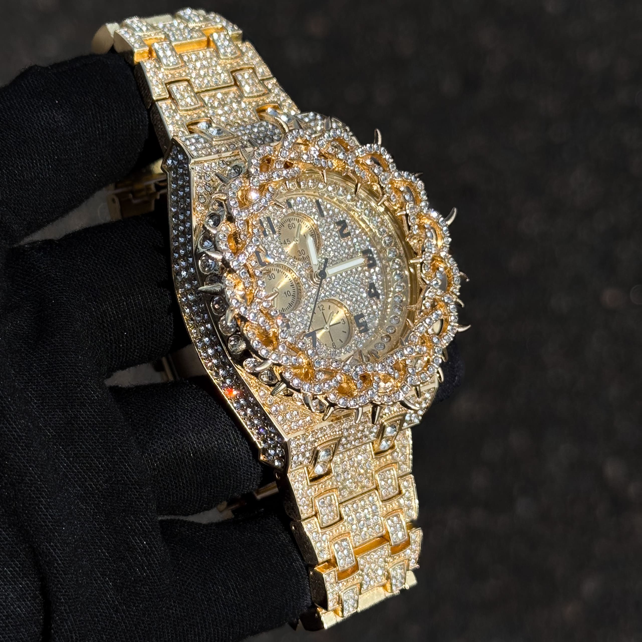 Men's 48mm Fully Iced Out Spike Watch - Metal Band, Quartz Movement