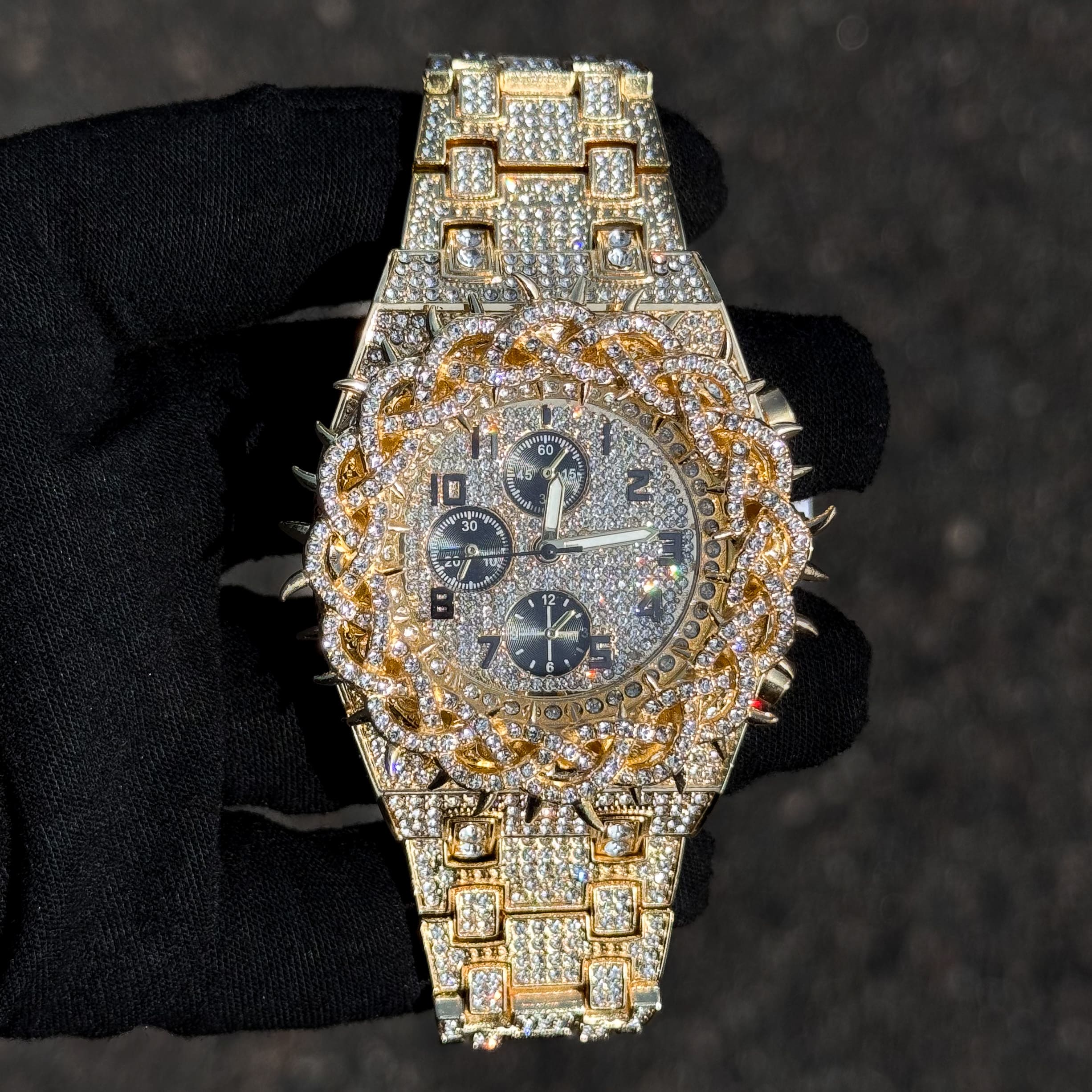 Men's 48mm Fully Iced Out Spike Watch - Metal Band, Quartz Movement