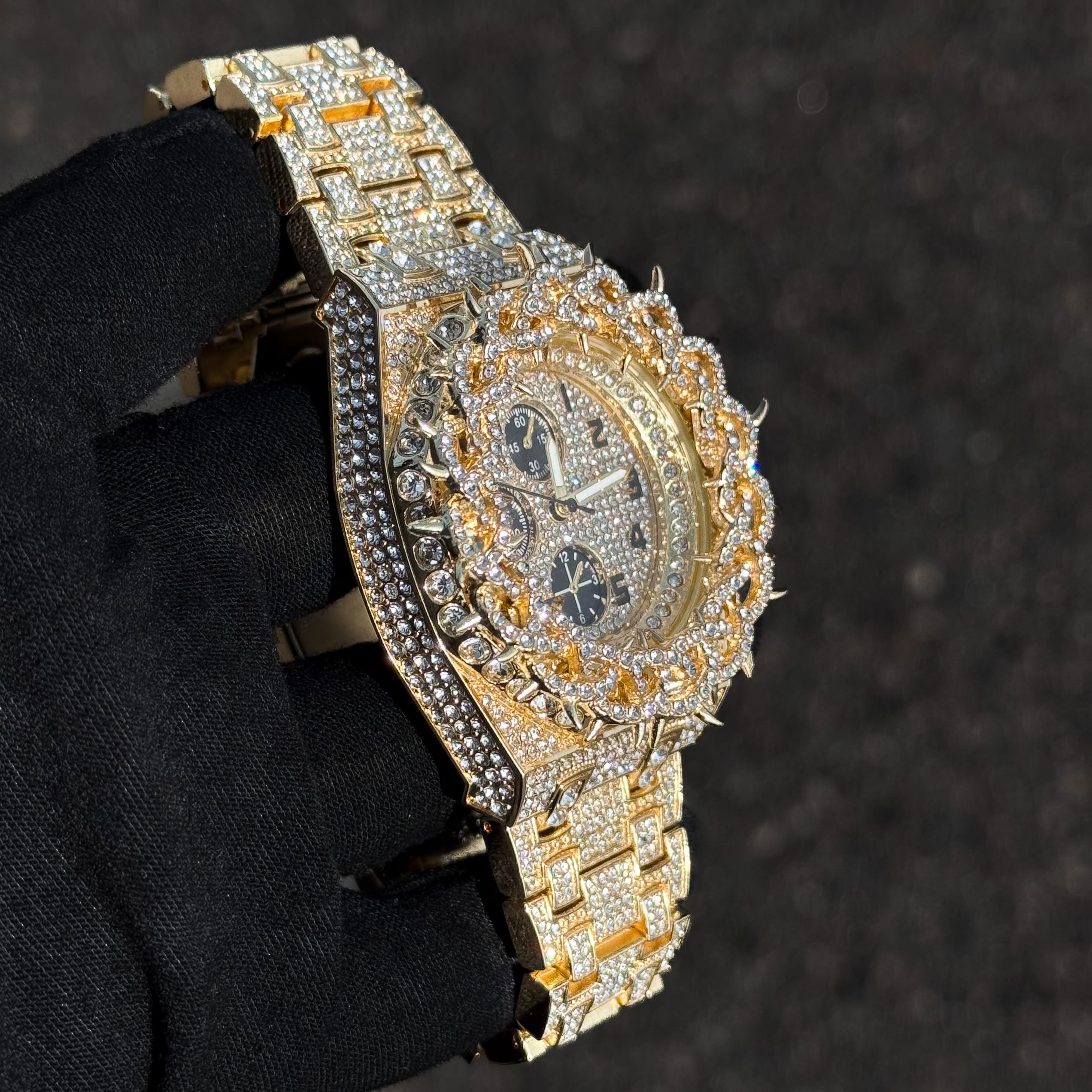 Men's 48mm Fully Iced Out Spike Watch - Metal Band, Quartz Movement