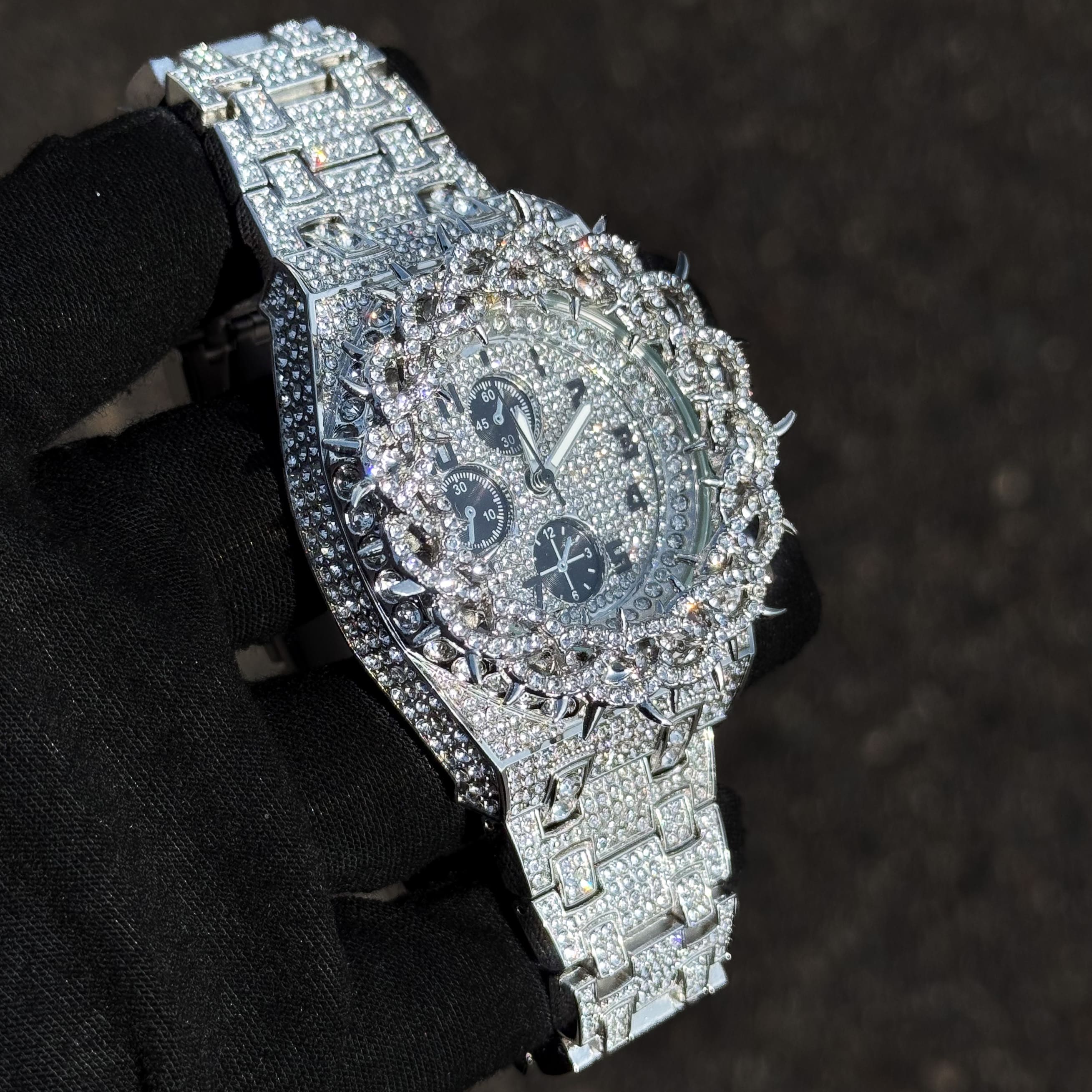 Men's 48mm Fully Iced Out Spike Watch - Metal Band, Quartz Movement