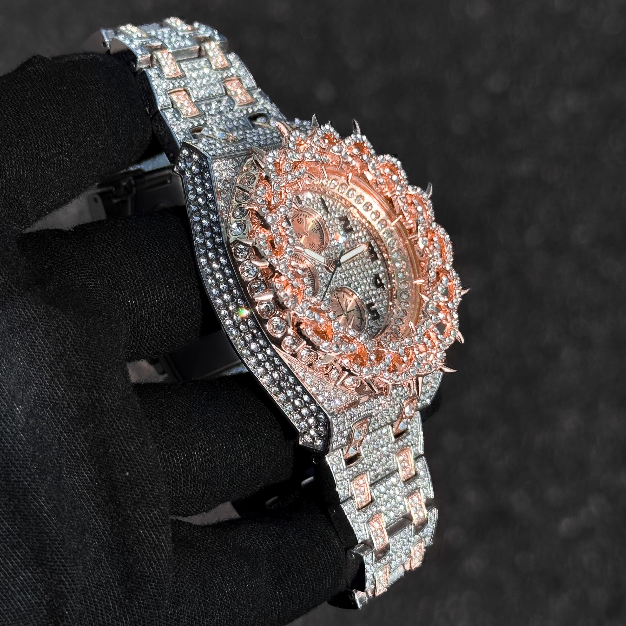 Men's 48mm Fully Iced Out Spike Watch - Metal Band, Quartz Movement