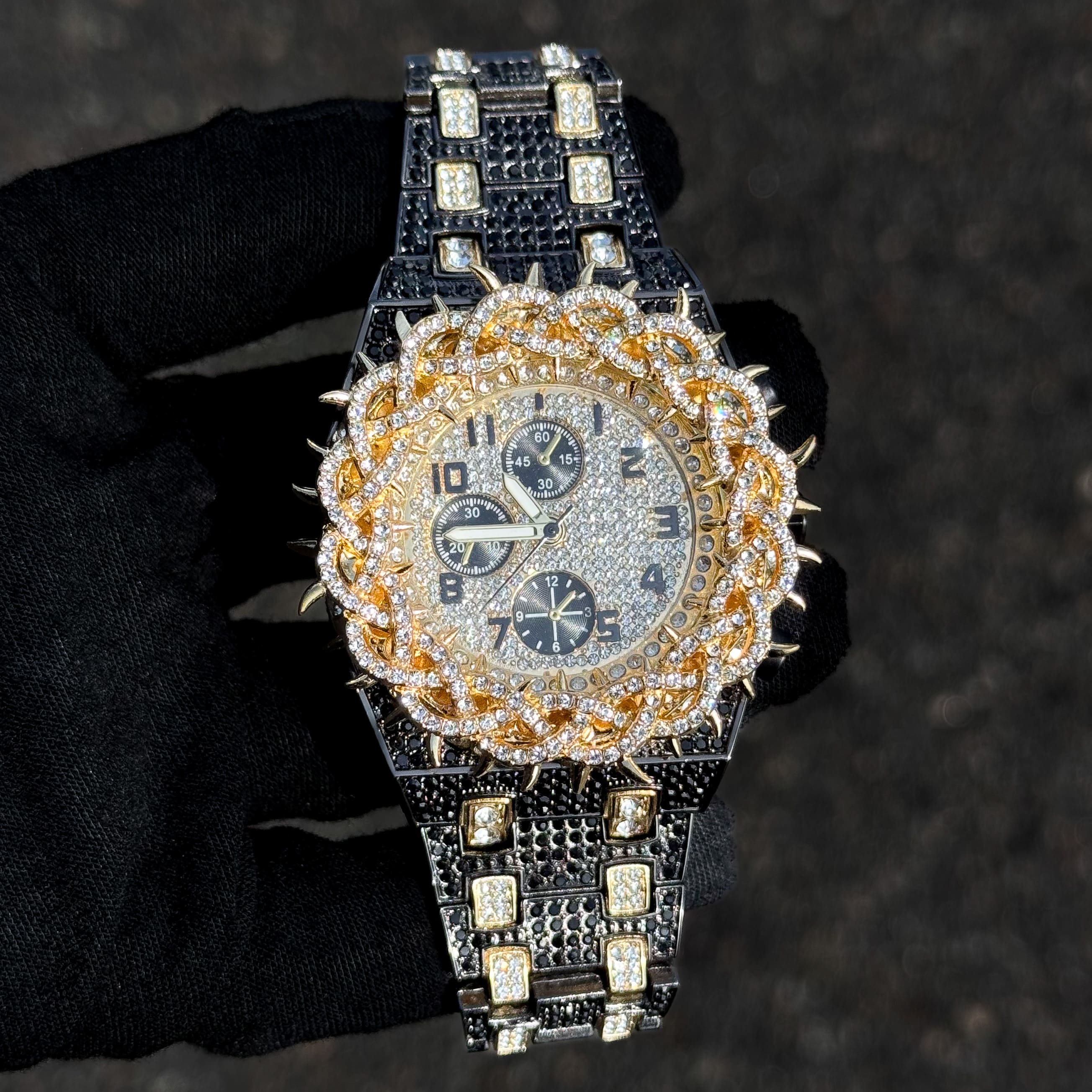 Men's 48mm Fully Iced Out Spike Watch - Metal Band, Quartz Movement