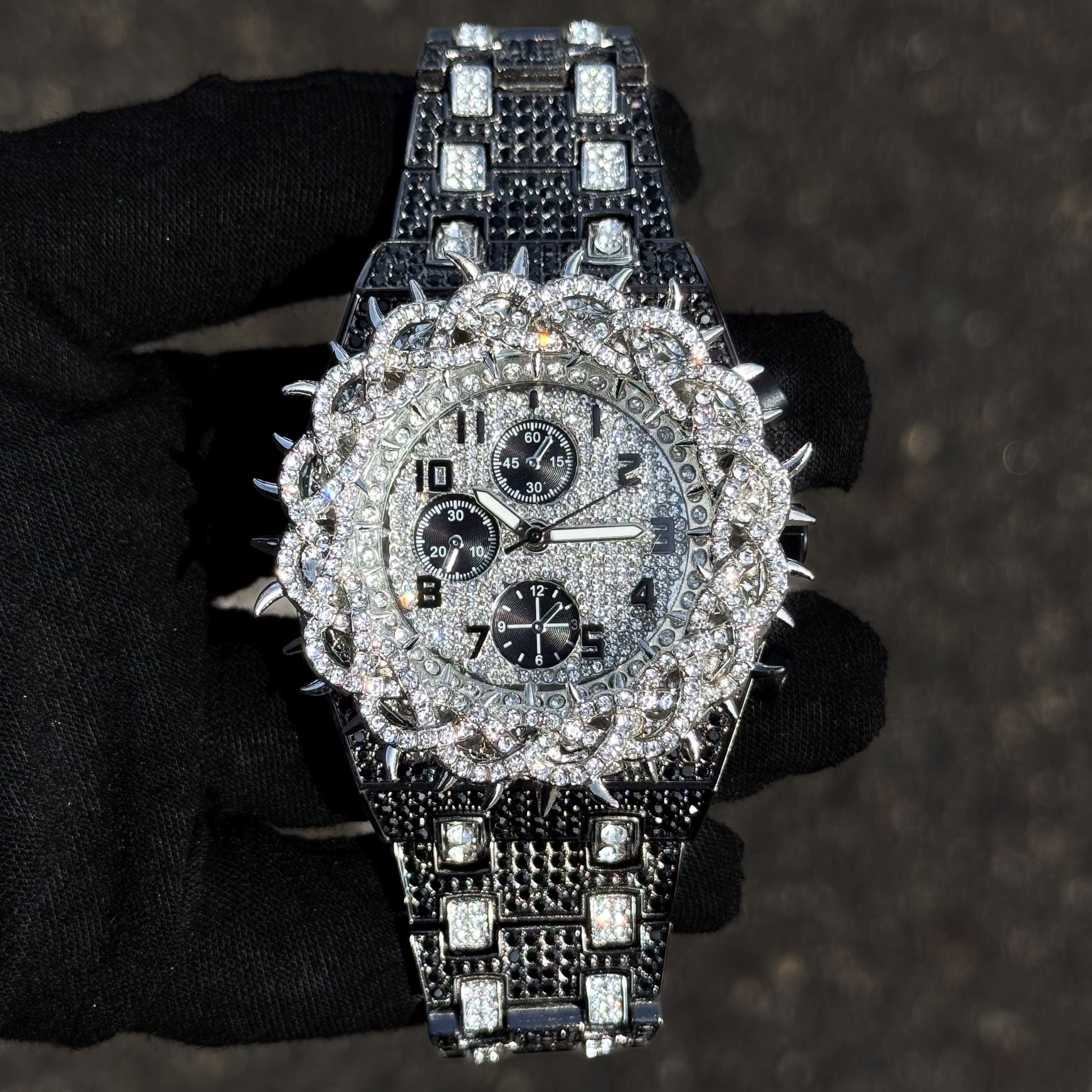 Men's 48mm Fully Iced Out Spike Watch - Metal Band, Quartz Movement