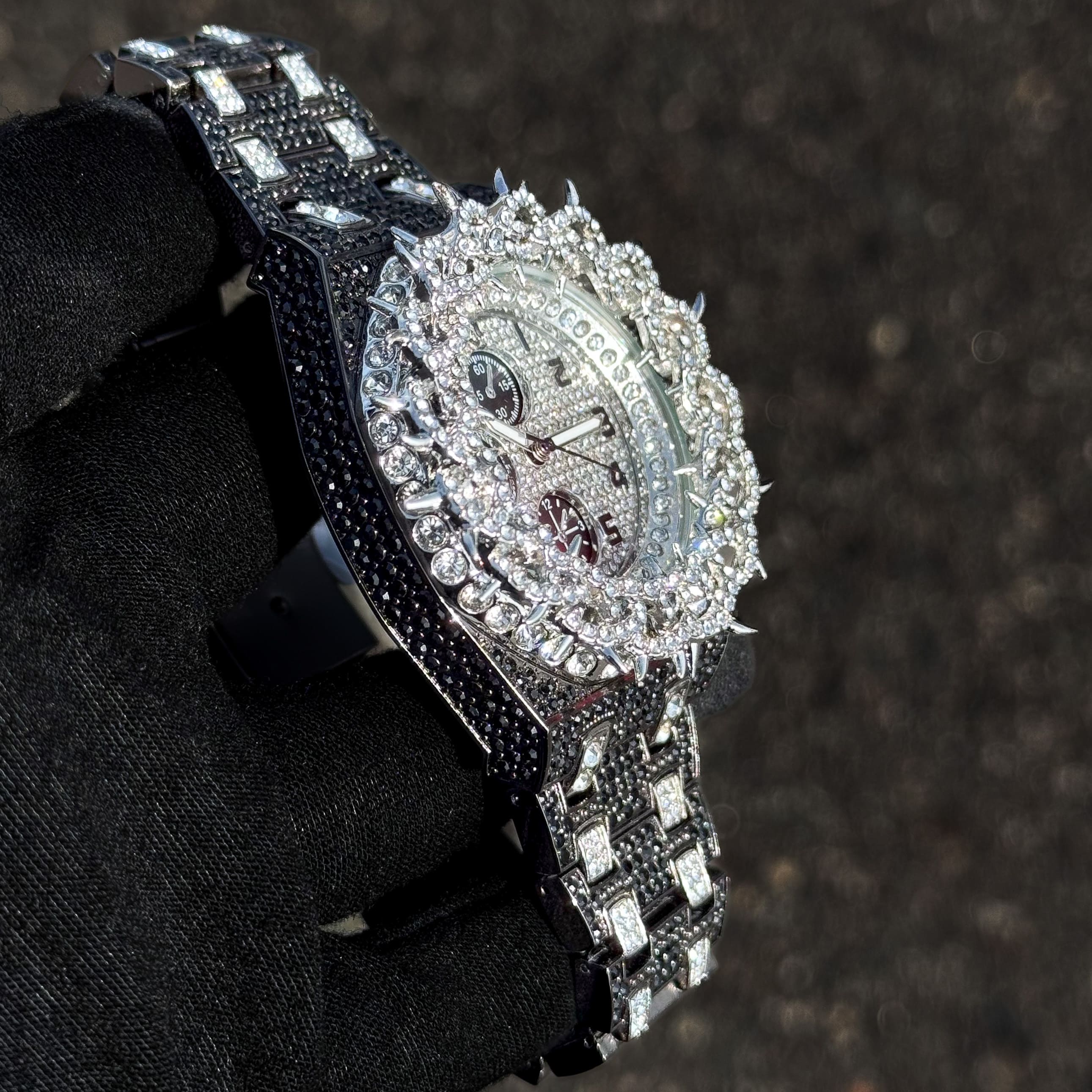 Men's 48mm Fully Iced Out Spike Watch - Metal Band, Quartz Movement
