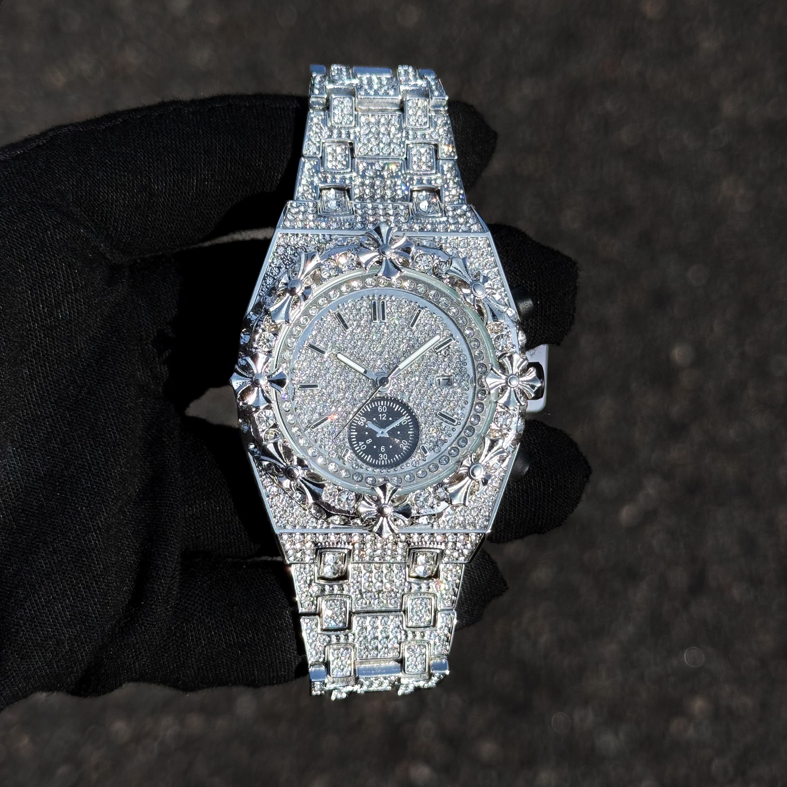 Men's 44mm Iced Out Cross Bezel Watch - Metal Band, Quartz Movement