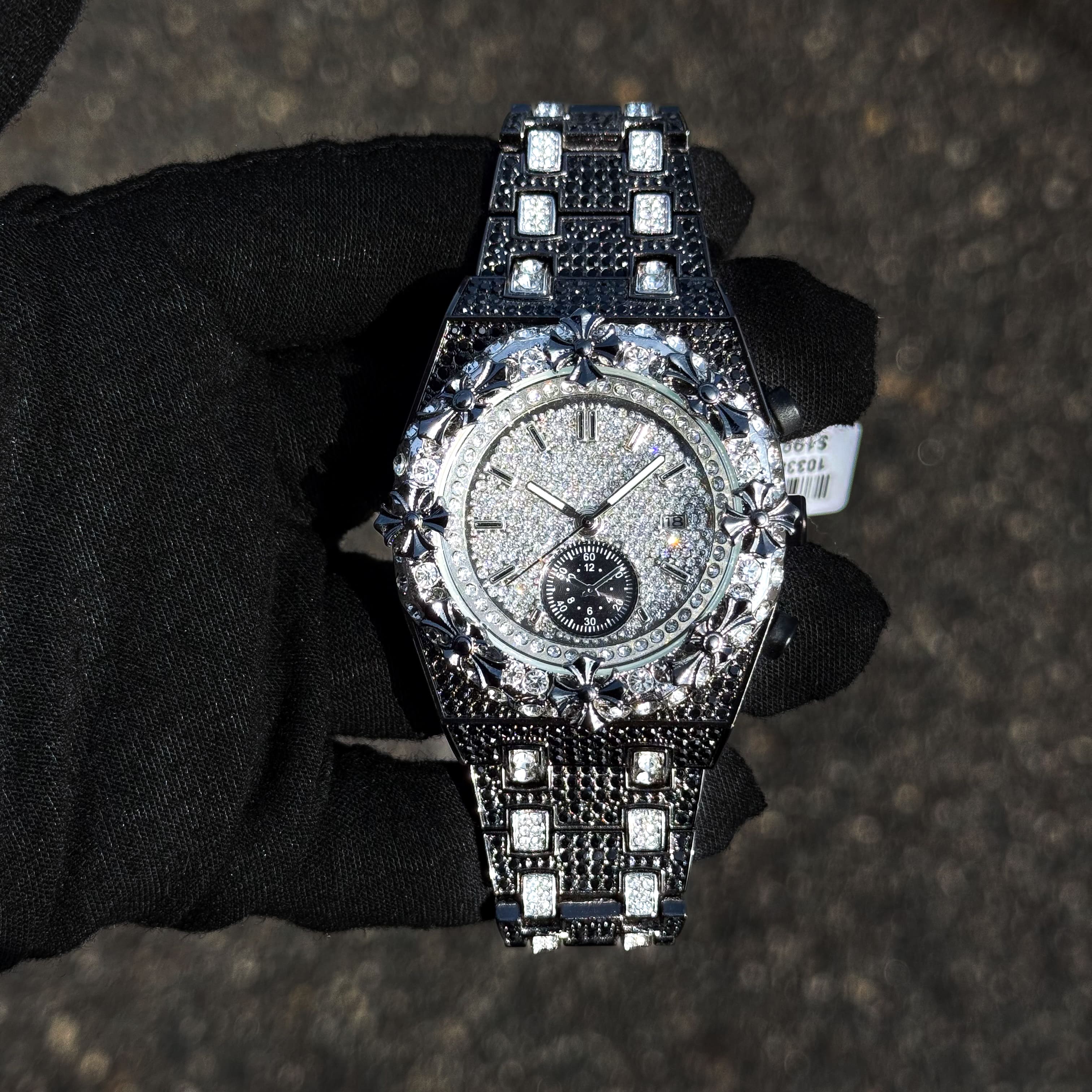 Men's 44mm Iced Out Cross Bezel Watch - Metal Band, Quartz Movement