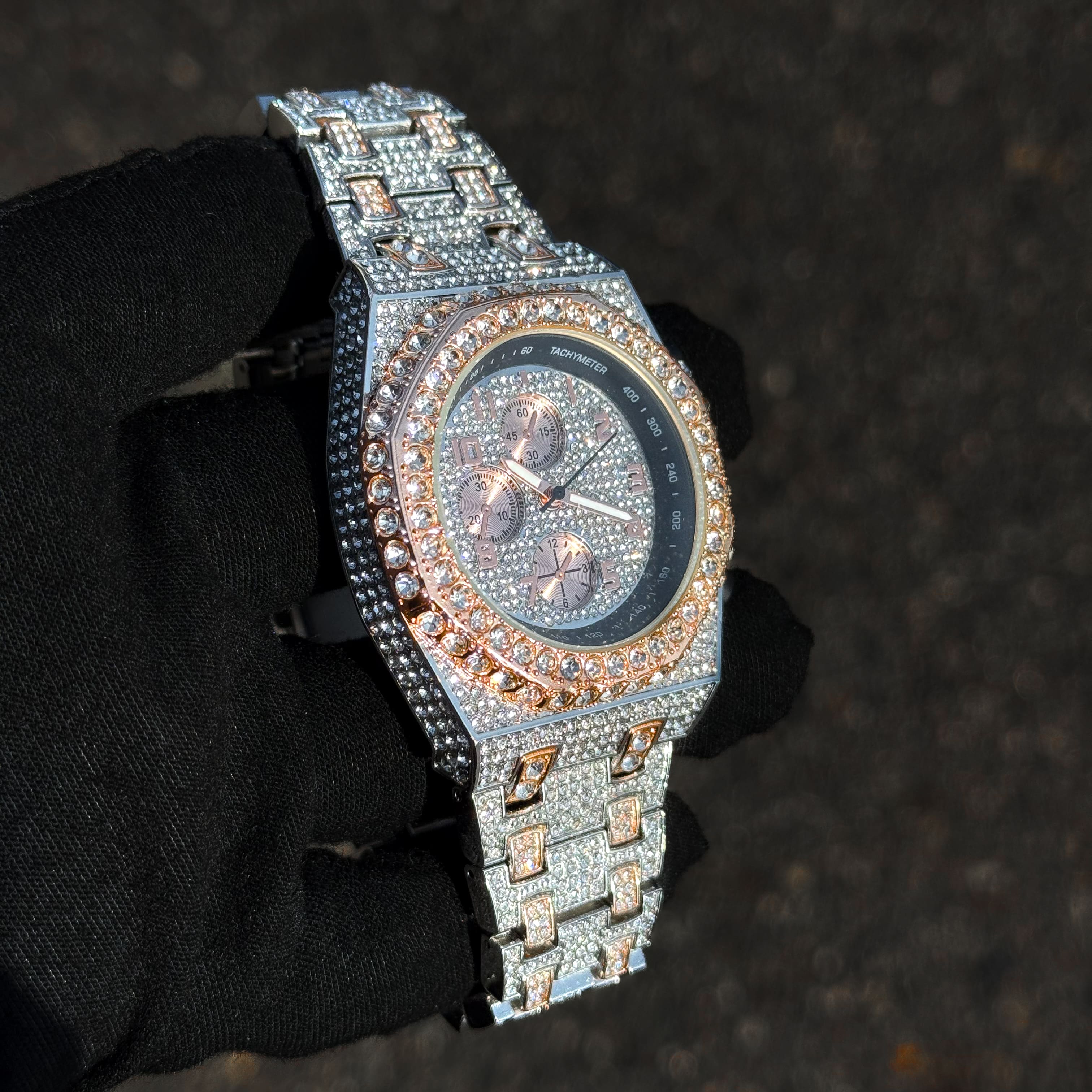 Men's 42mm Iced Out Octagon Watch - Metal Band, Quartz Movement