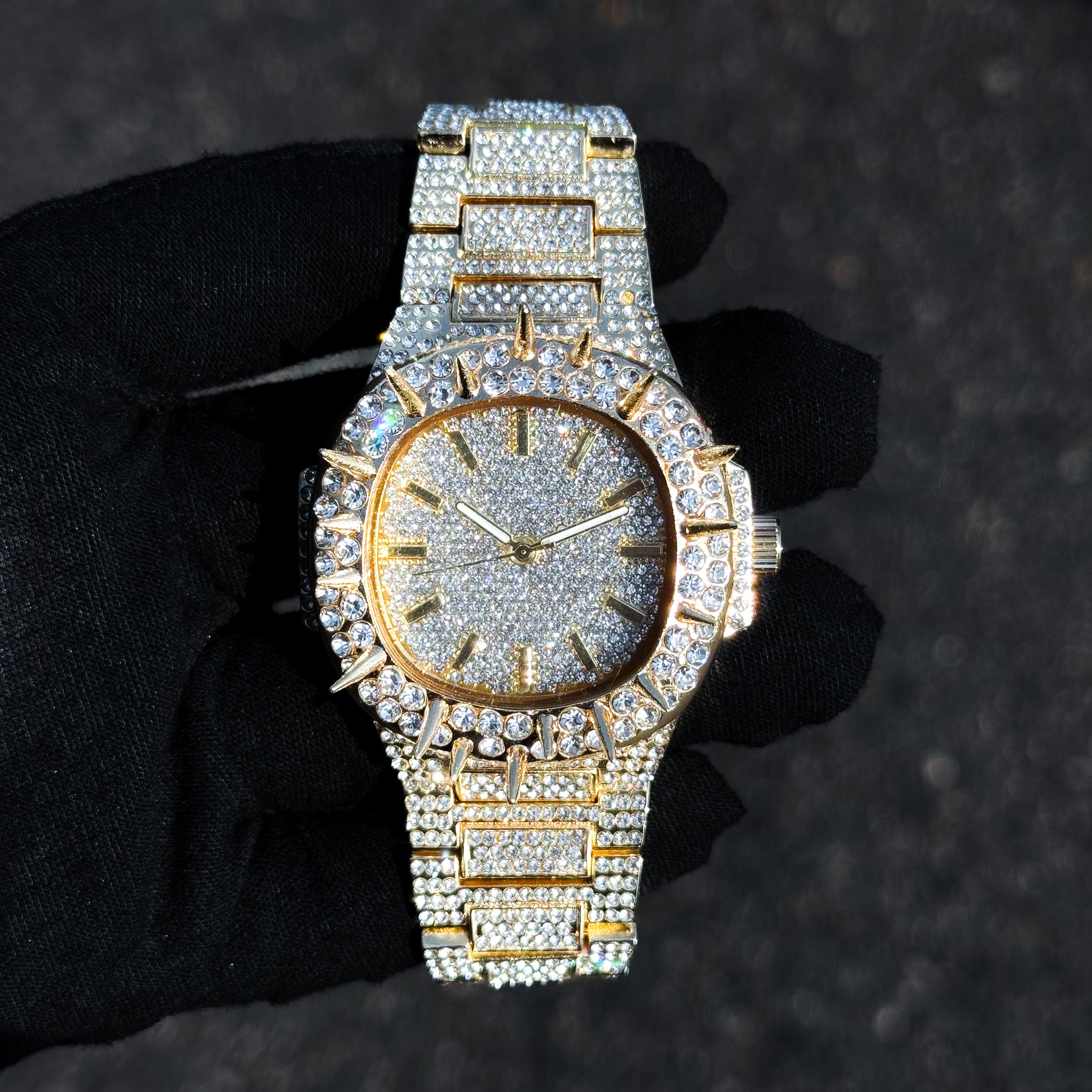 Men's 42mm Iced Out Spike Watch - Metal Band, Quartz Movement