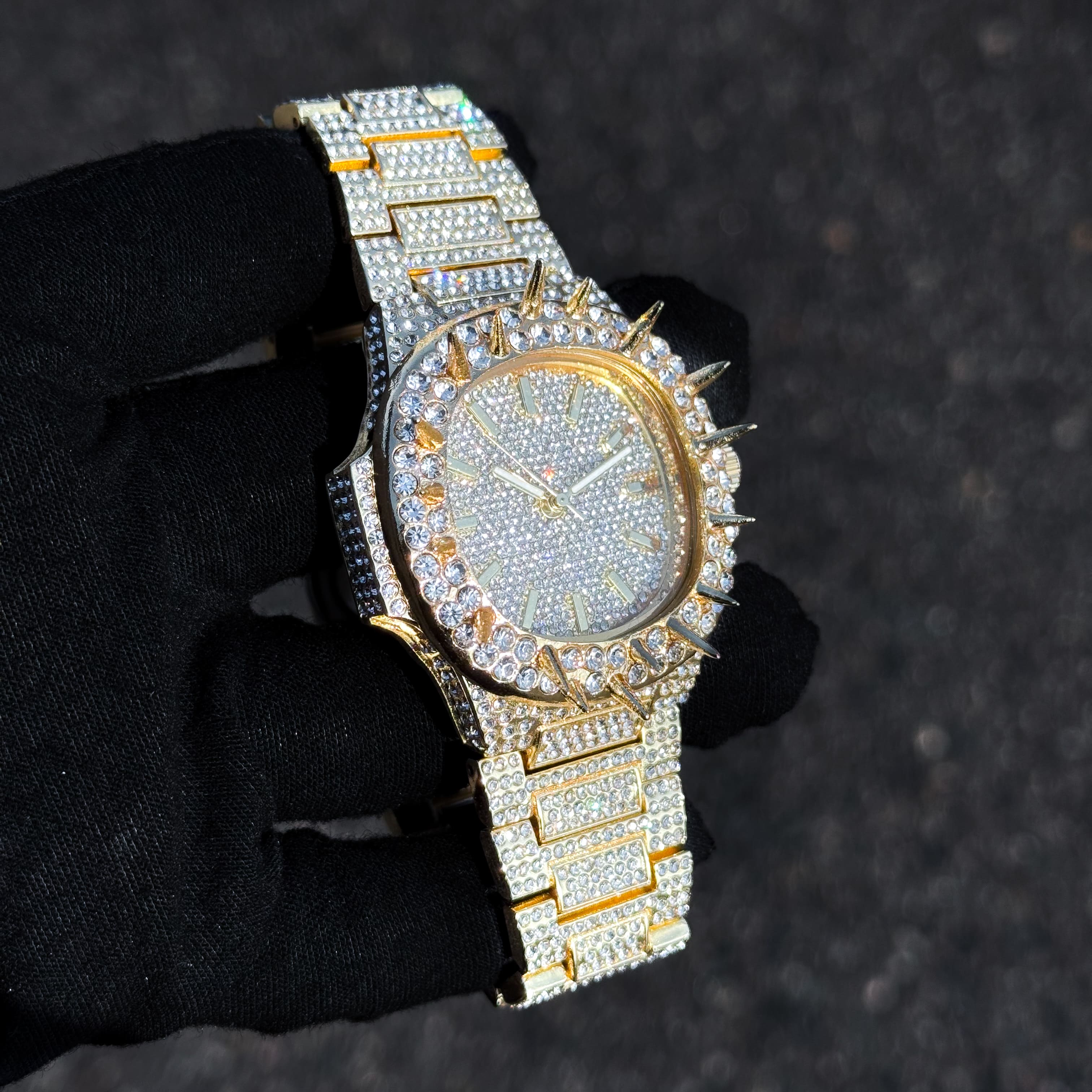 Men's 42mm Iced Out Spike Watch - Metal Band, Quartz Movement