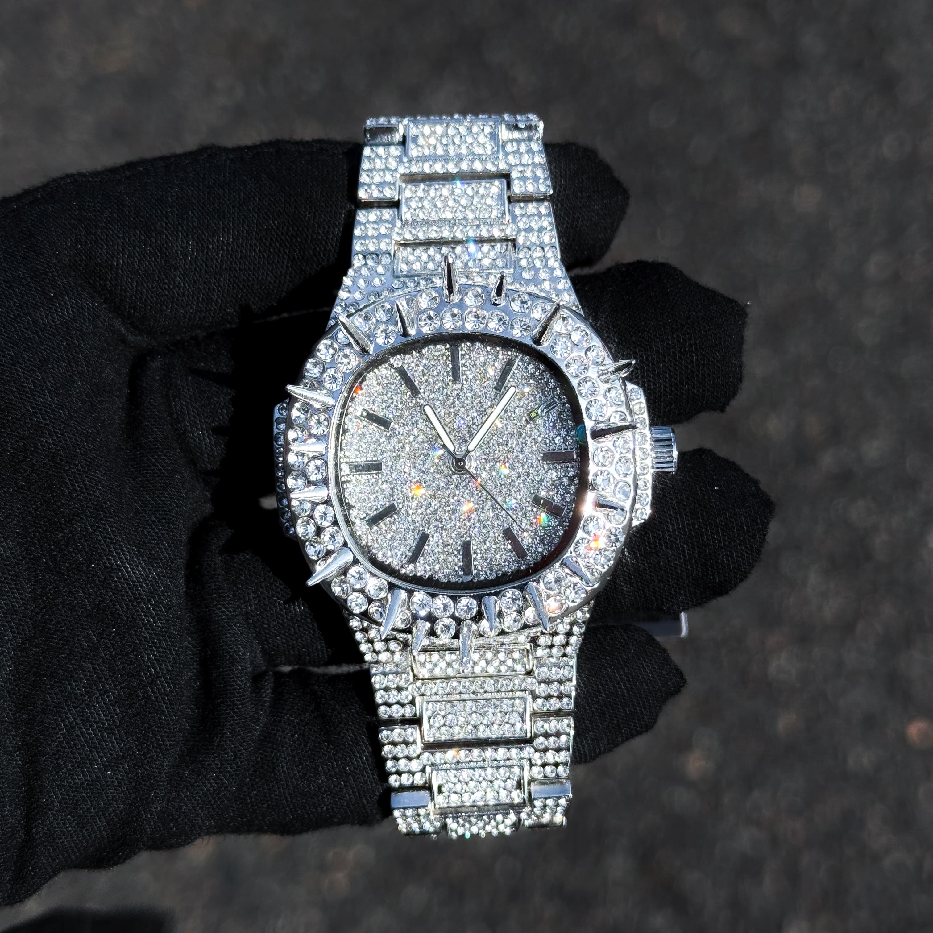 Men's 42mm Iced Out Spike Watch - Metal Band, Quartz Movement