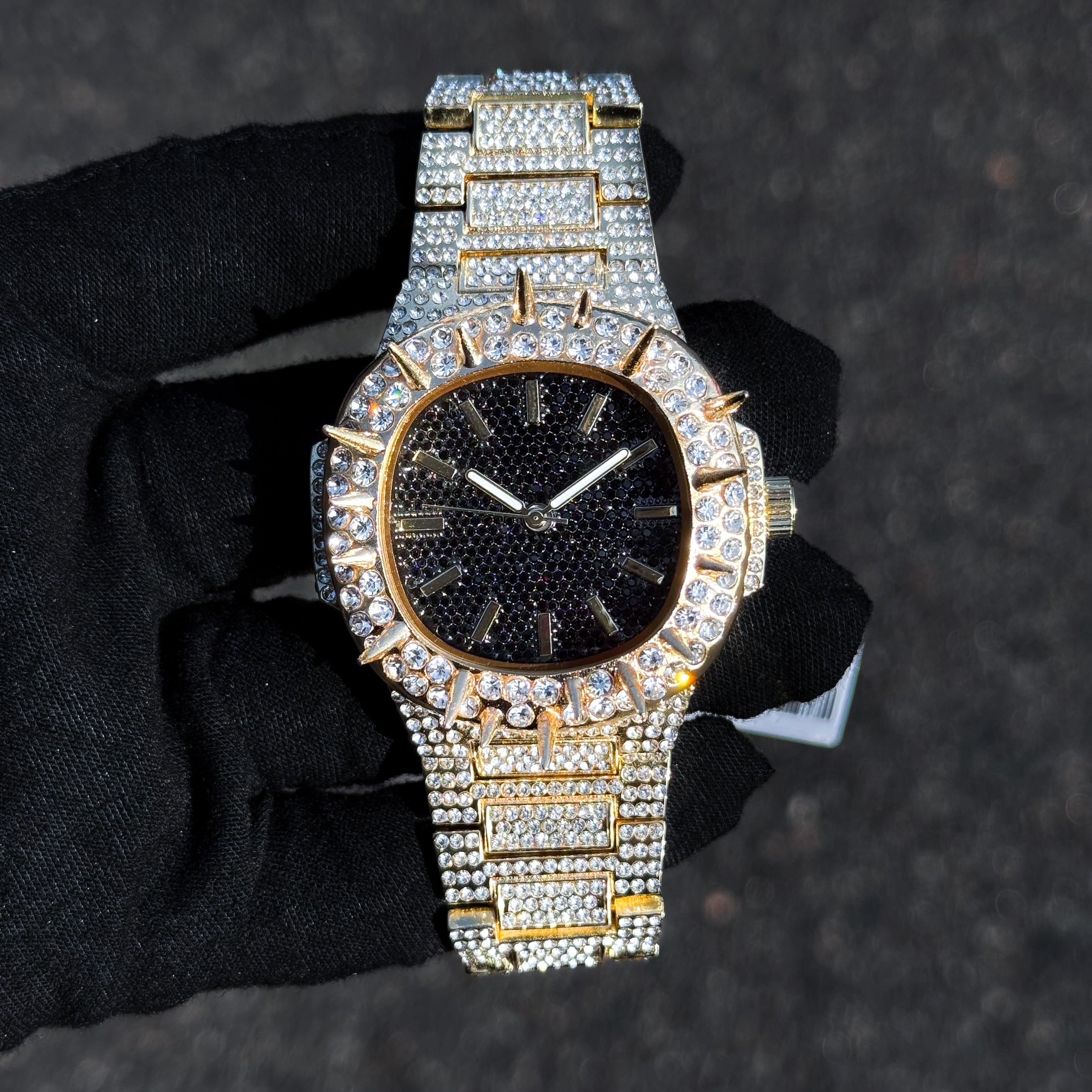 Men's 42mm Iced Out Spike Watch - Metal Band, Quartz Movement