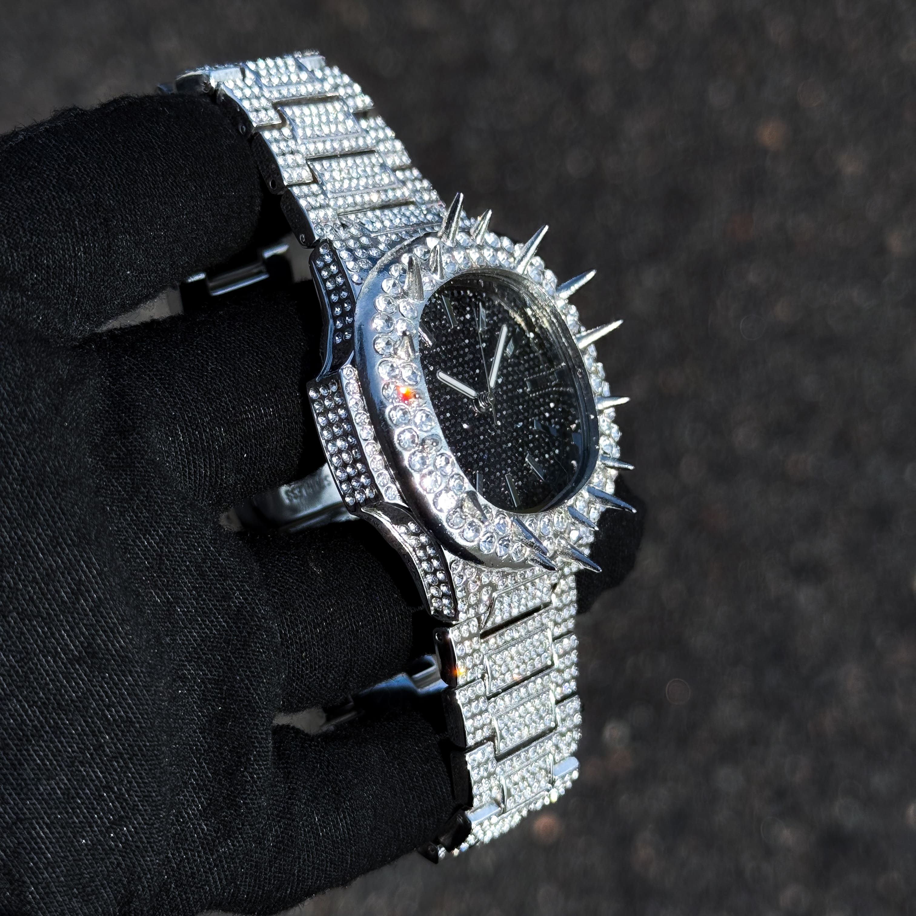 Men's 42mm Iced Out Spike Watch - Metal Band, Quartz Movement
