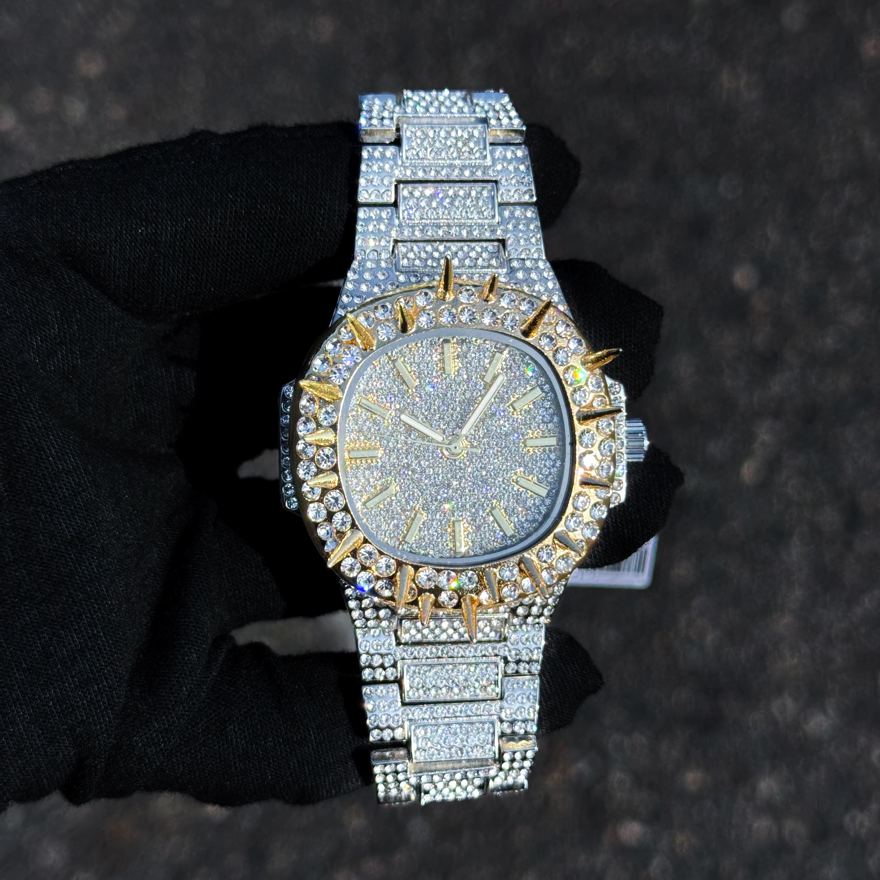 Men's 42mm Iced Out Spike Watch - Metal Band, Quartz Movement