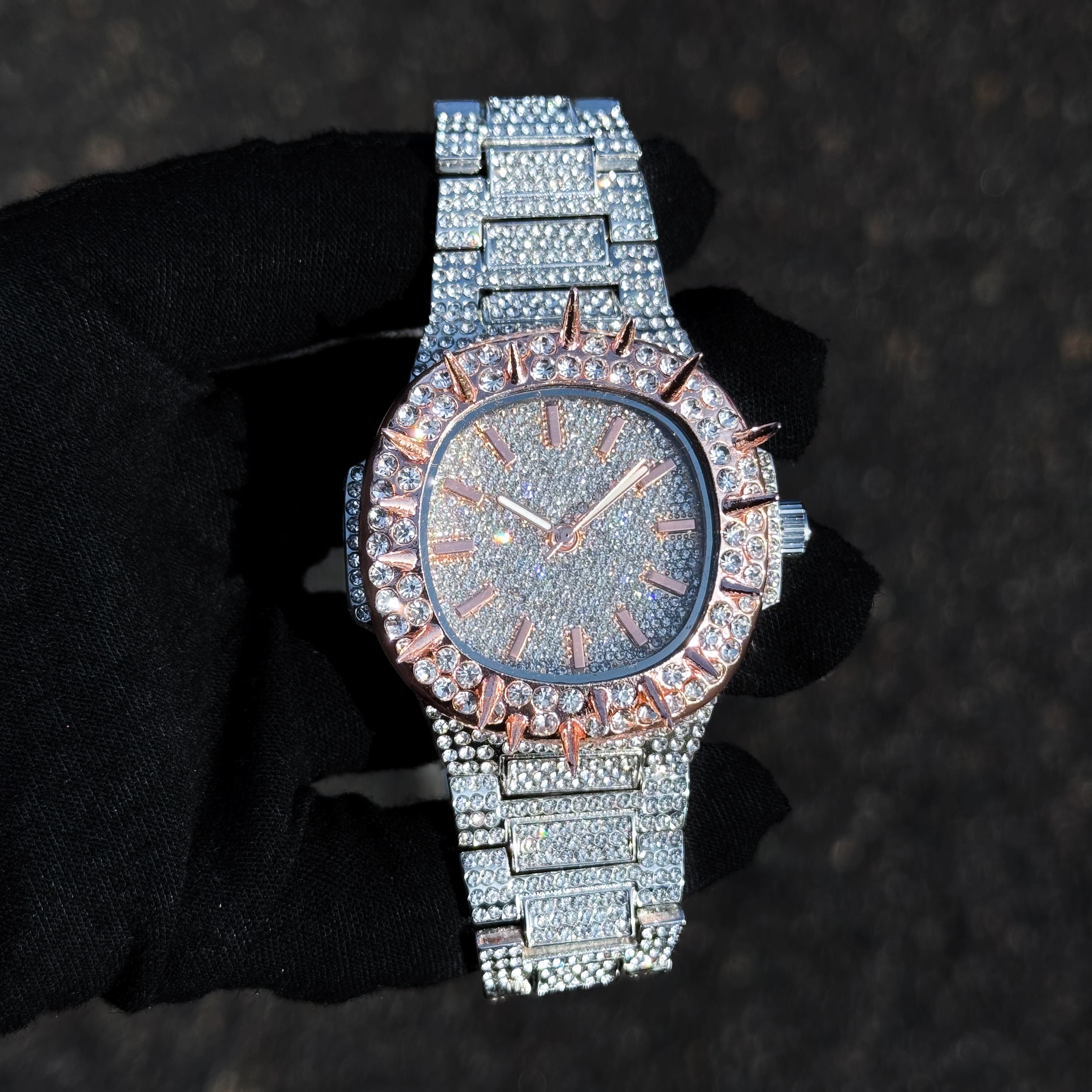 Men's 42mm Iced Out Spike Watch - Metal Band, Quartz Movement