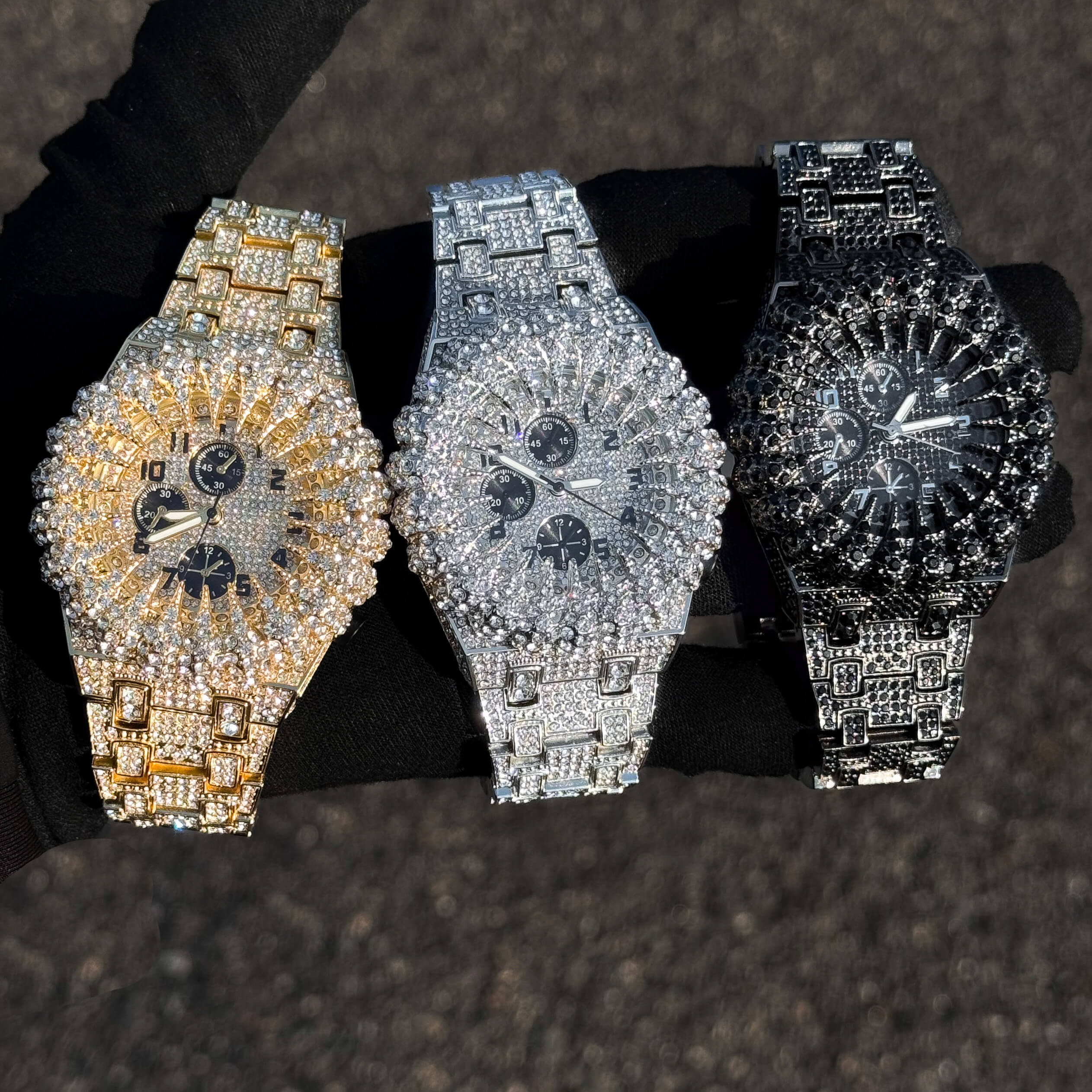 Men's 48mm Iced Out Spike Burst Watch - Metal Band, Quartz Movement