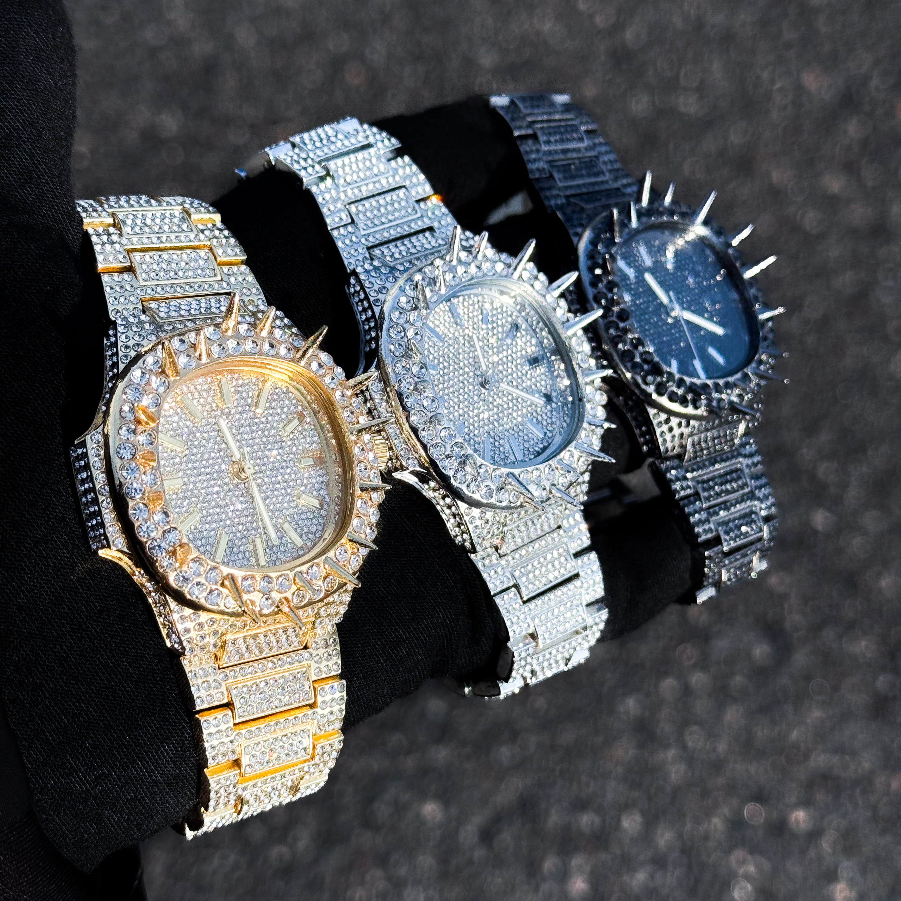 Men's 42mm Iced Out Spike Watch - Metal Band, Quartz Movement