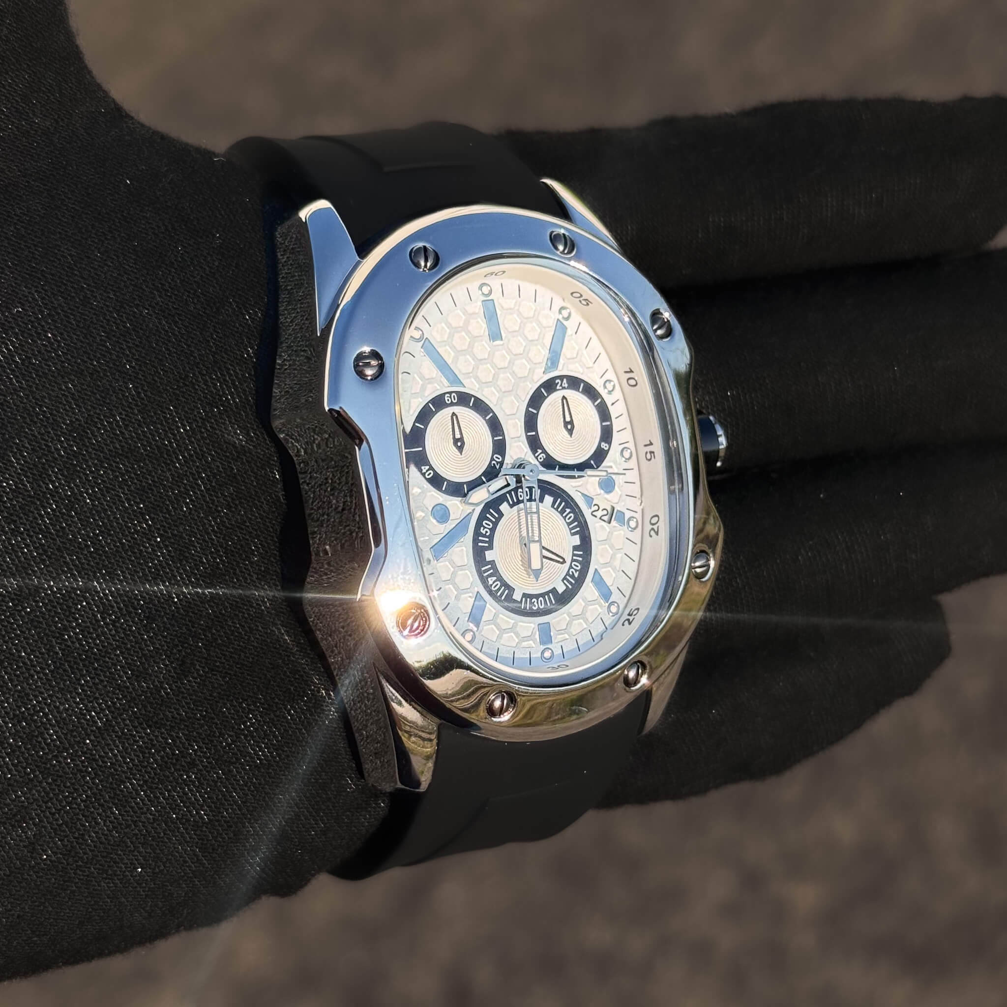 Polished silver Men’s 40mm Classic Watch with textured dial.