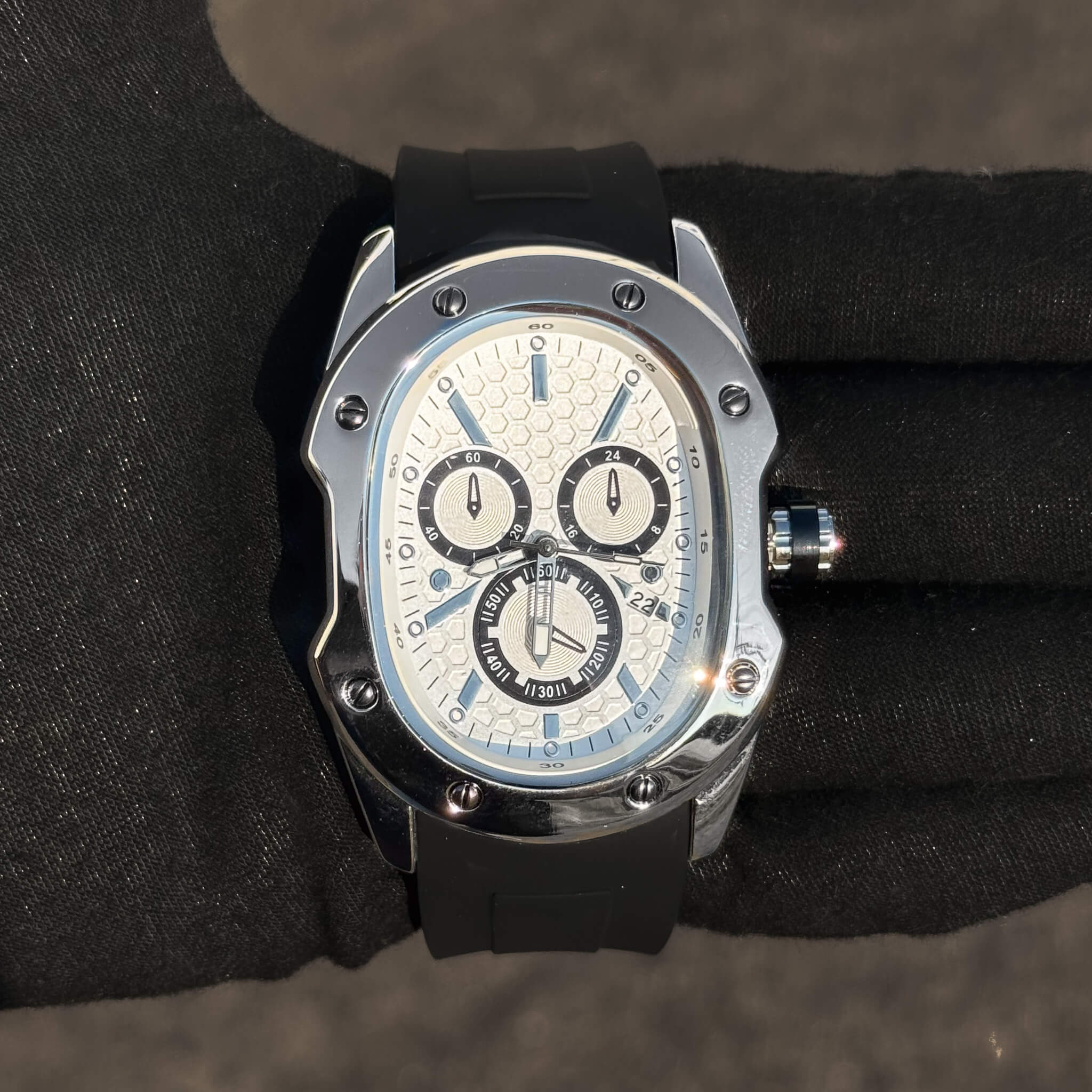 Silver Men’s 40mm Classic Watch featuring white dial, chronograph subdials, and date.