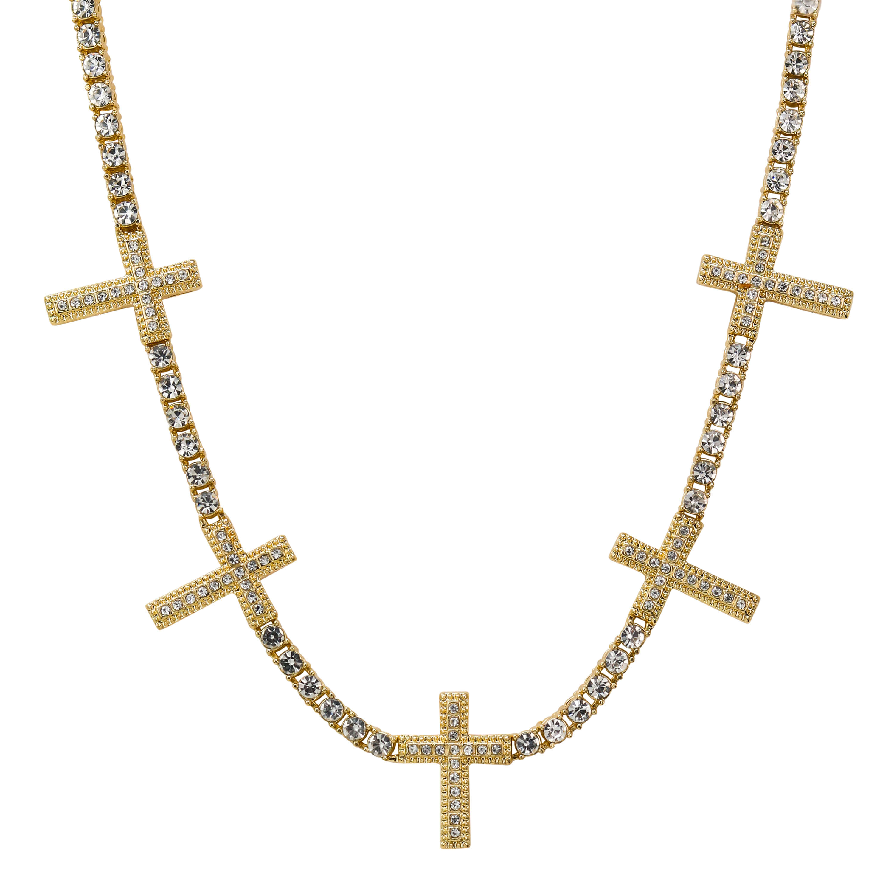 Gold Iced Cross Tennis Choker featuring sparkling pavé cross pendants along a classic iced tennis chain.