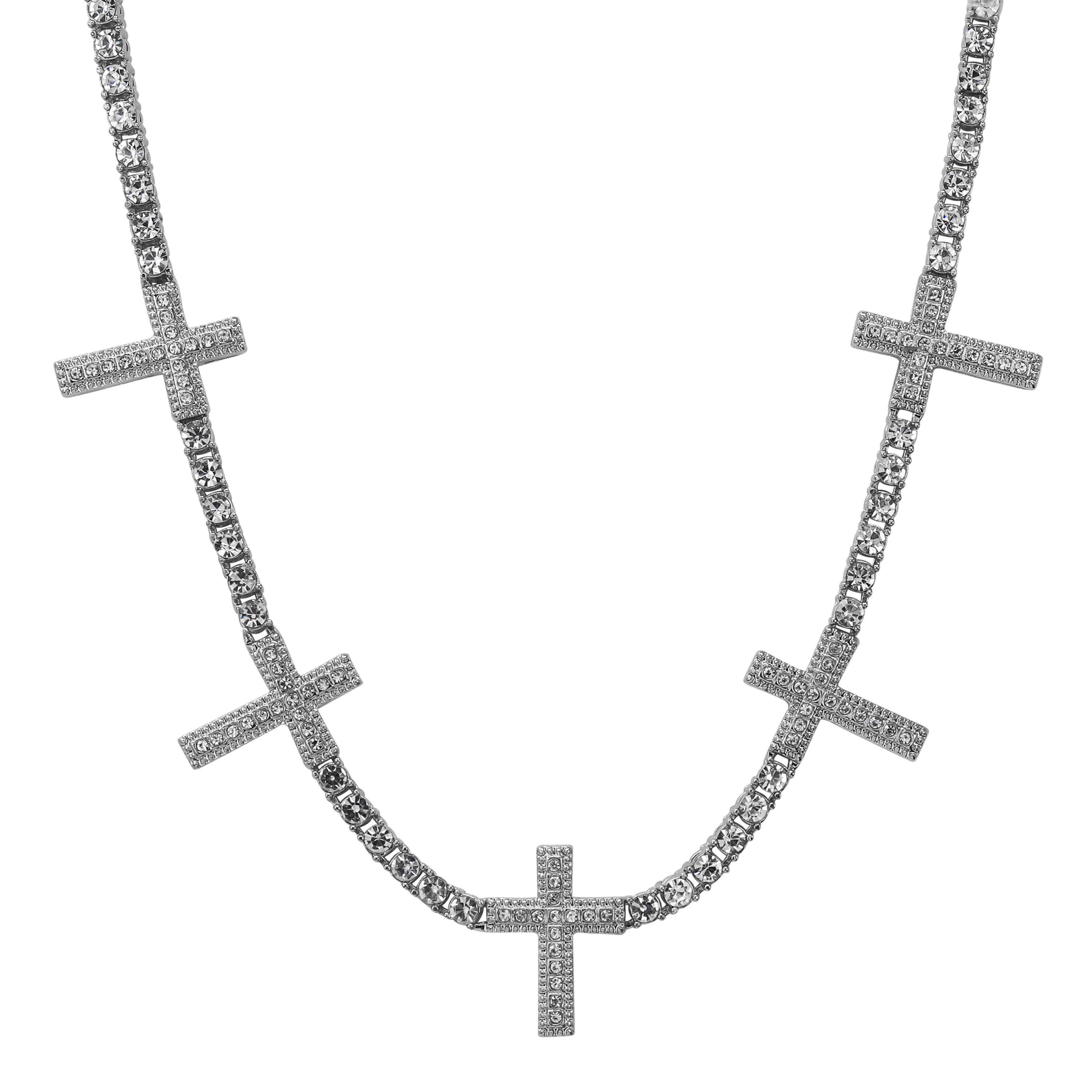 Silver Iced Cross Tennis Choker adorned with pavé crystal cross accents on a polished iced tennis chain.