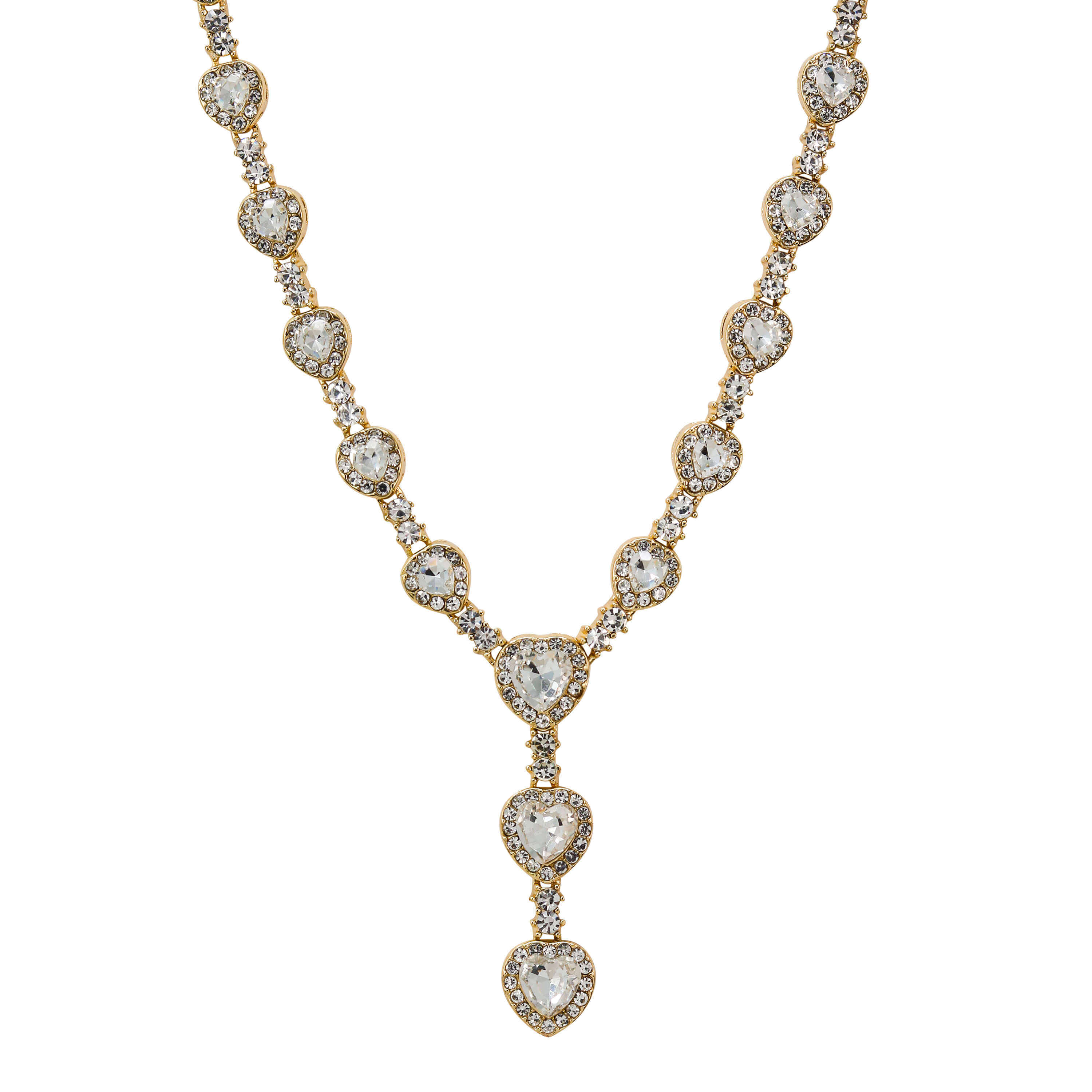 Gold Iced Heart Stone Lariat Necklace featuring clear heart-shaped crystals and a cascading drop design.
