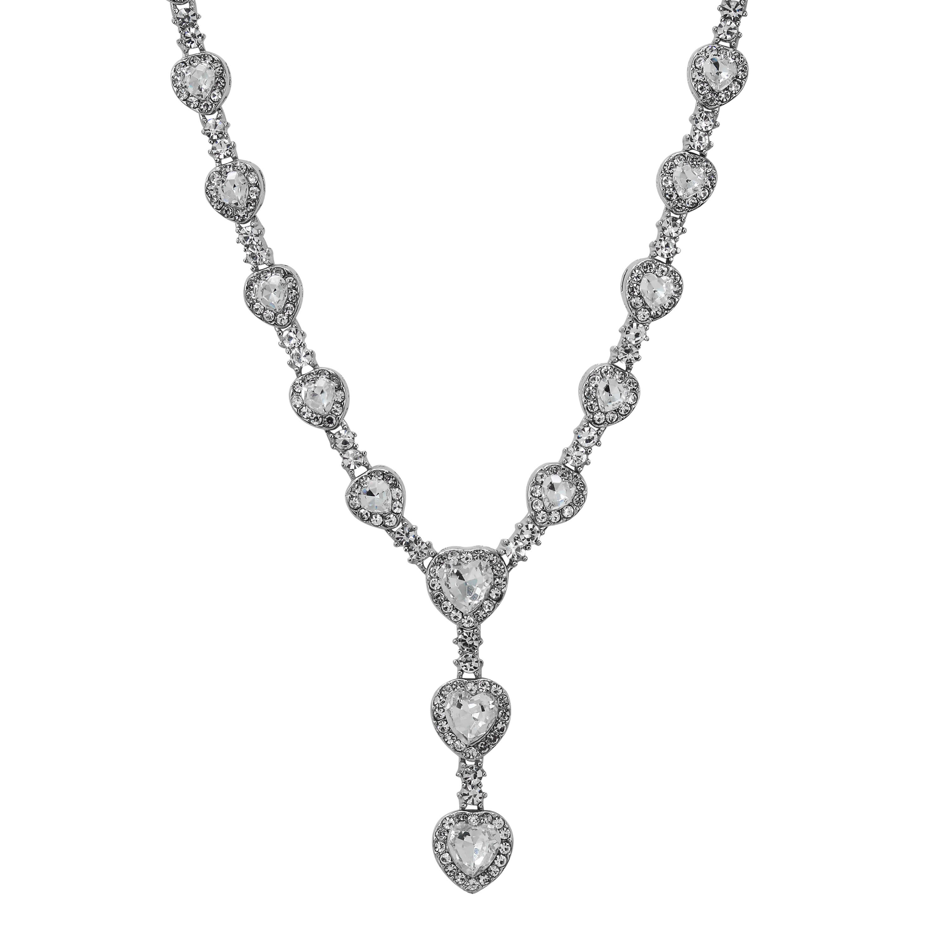 Silver Iced Heart Stone Lariat Necklace adorned with clear heart-shaped crystals and an elegant drop chain.