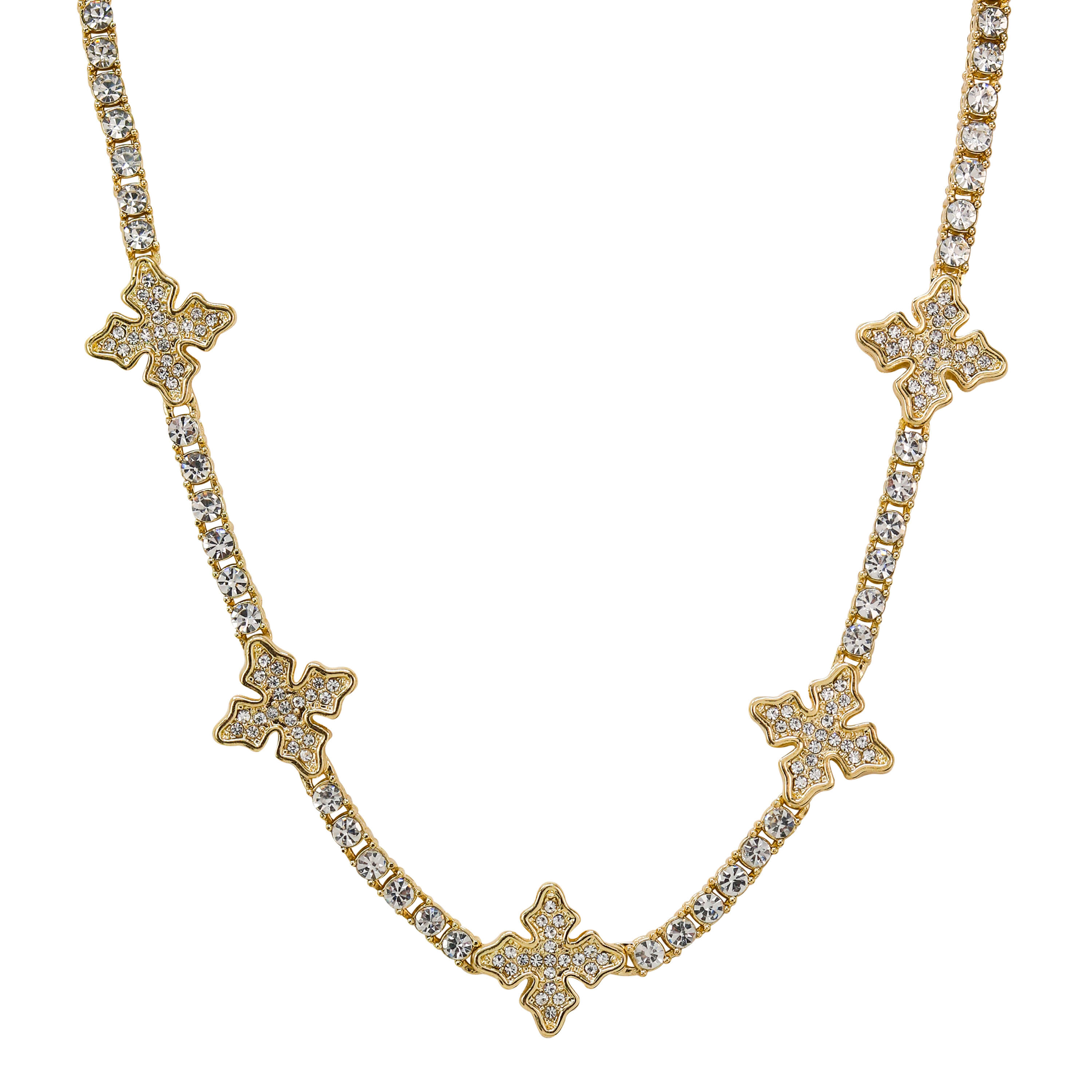 Gold Iced Mini Cross Tennis Choker featuring sparkling pavé cross charms along a classic tennis chain.