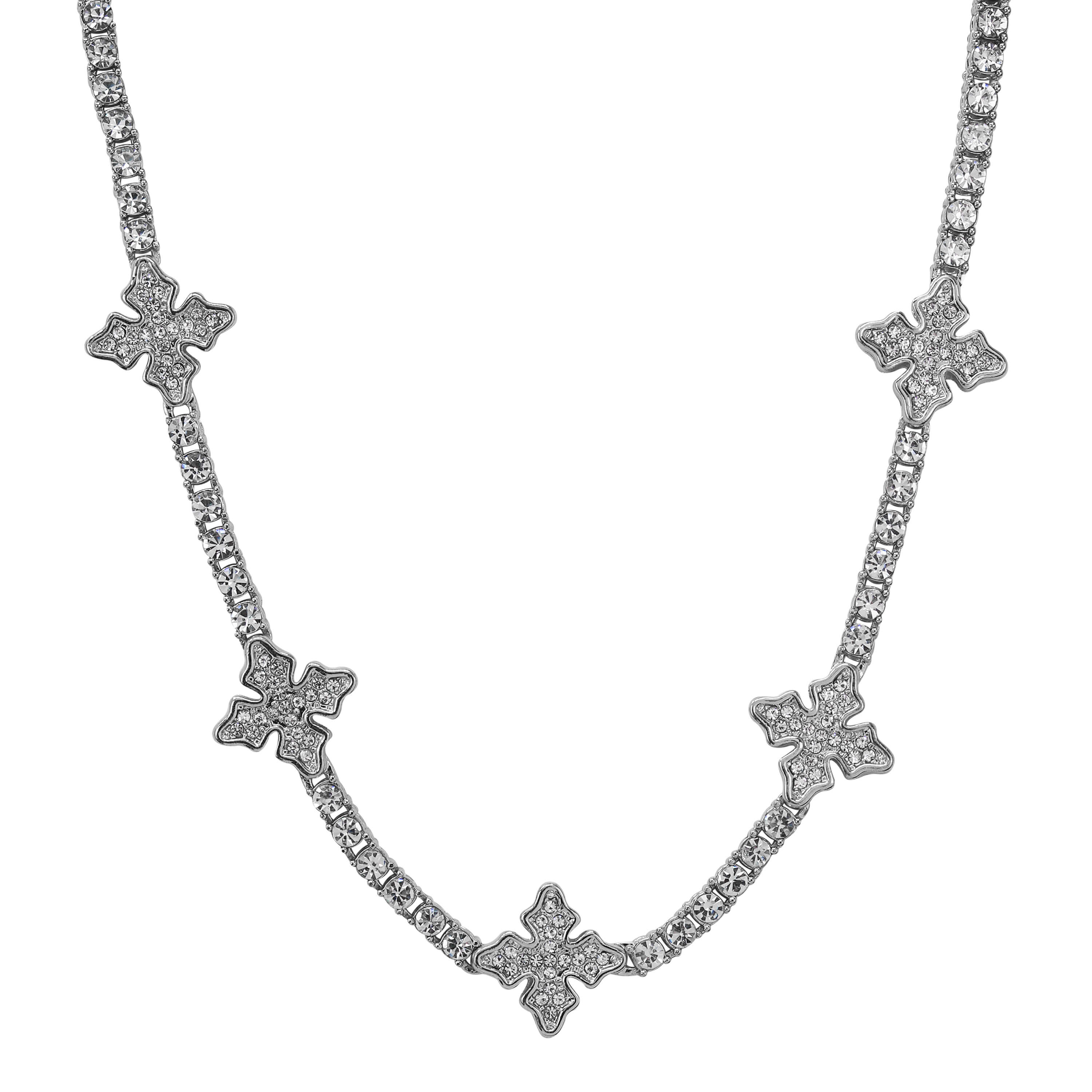 Silver Iced Mini Cross Tennis Choker adorned with pavé crystal crosses on a sleek, polished tennis chain.