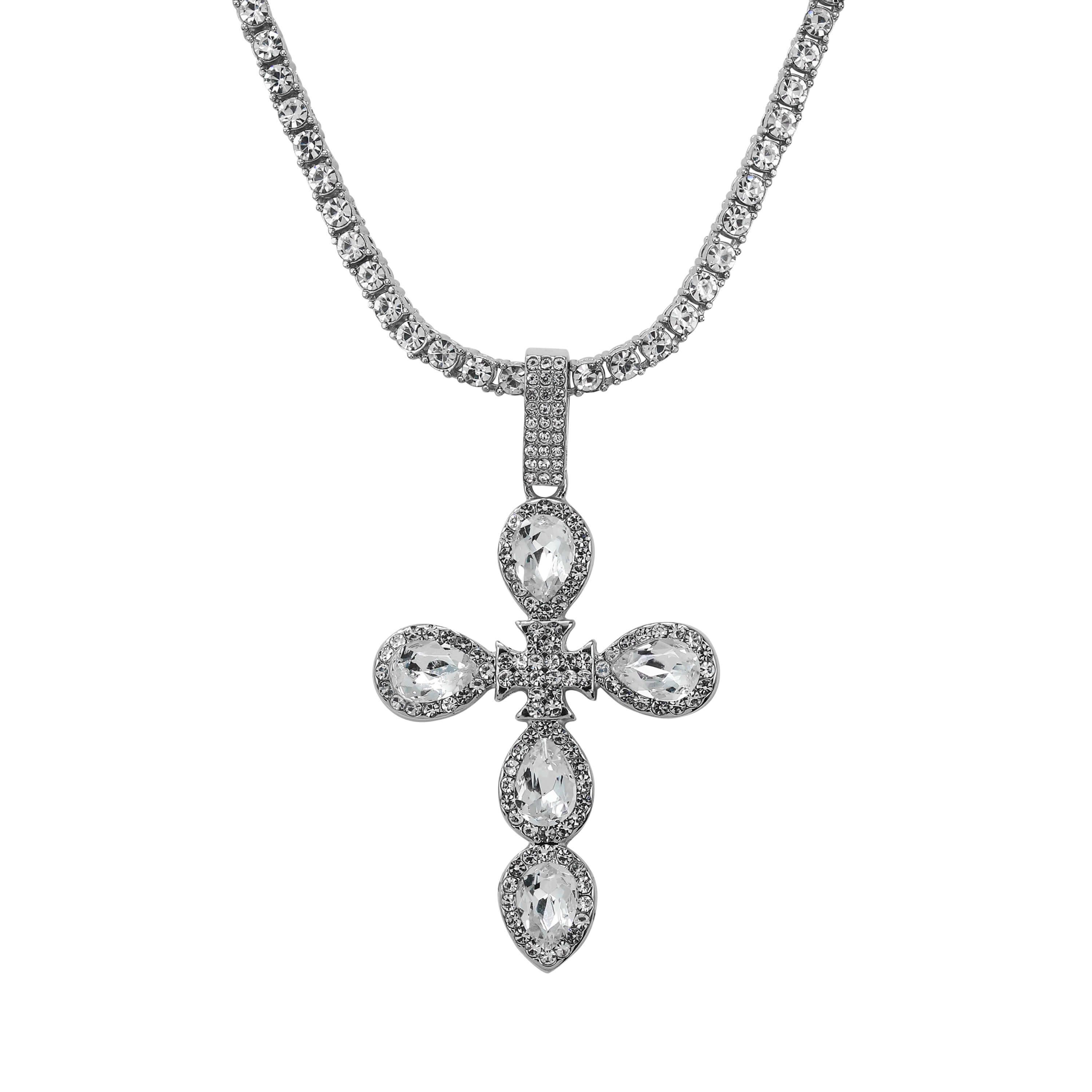 Silver Iced Cross Tennis Necklace with pear-cut crystal cross pendant and shimmering tennis chain.