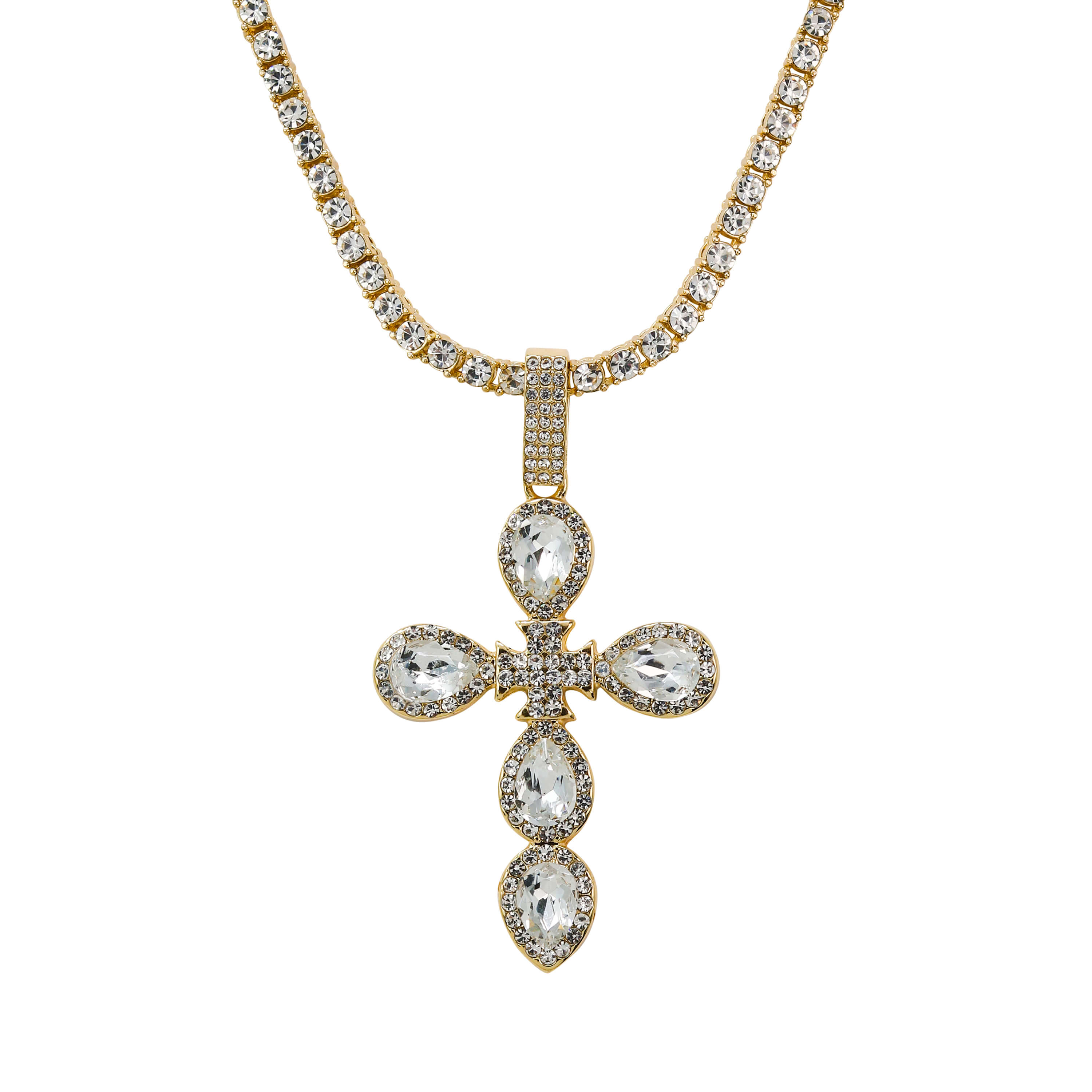 Gold Iced Cross Tennis Necklace featuring a pear-cut crystal cross pendant on a polished tennis chain.