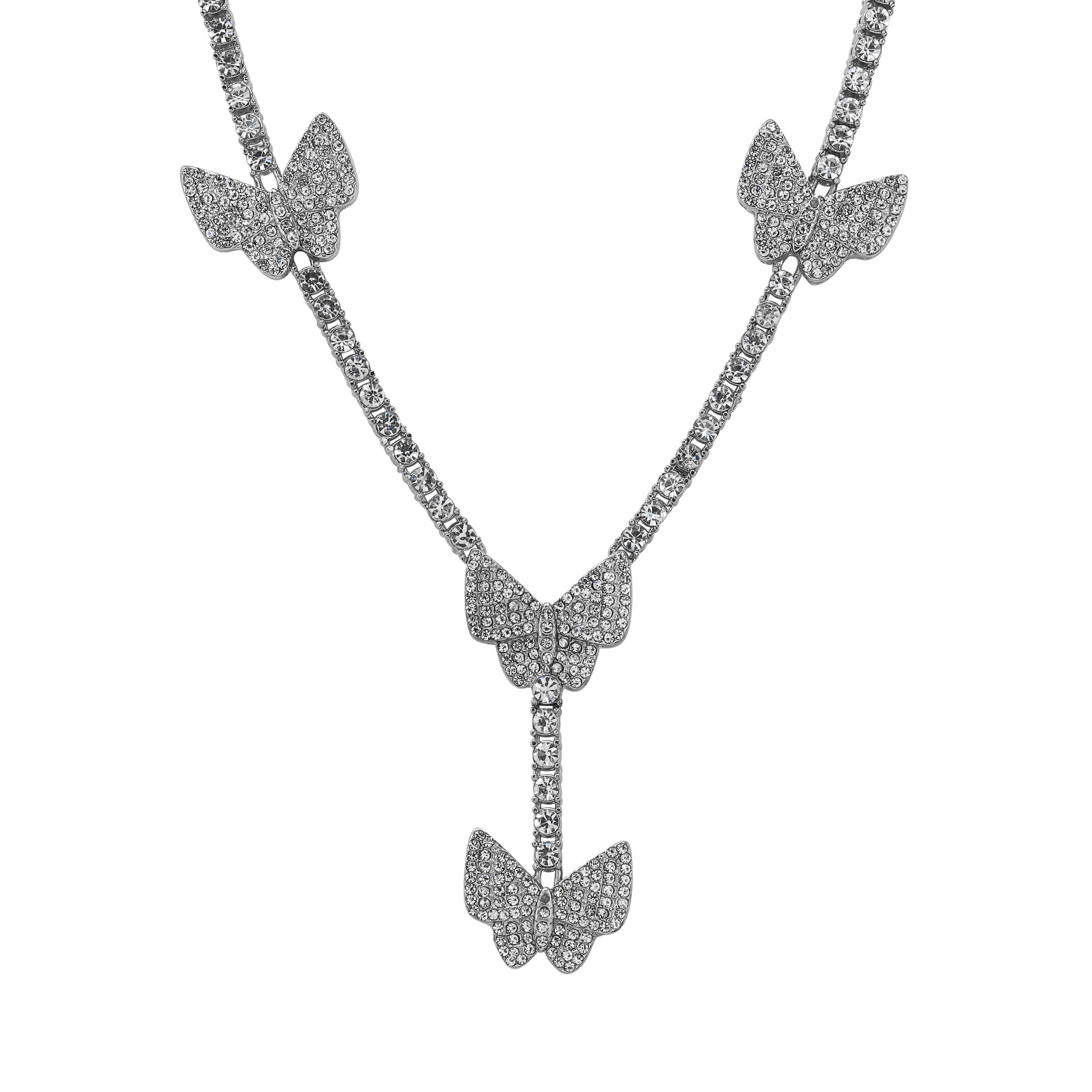 Silver Iced Butterfly Lariat Tennis Necklace adorned with pavé butterfly charms and a dangling drop chain.