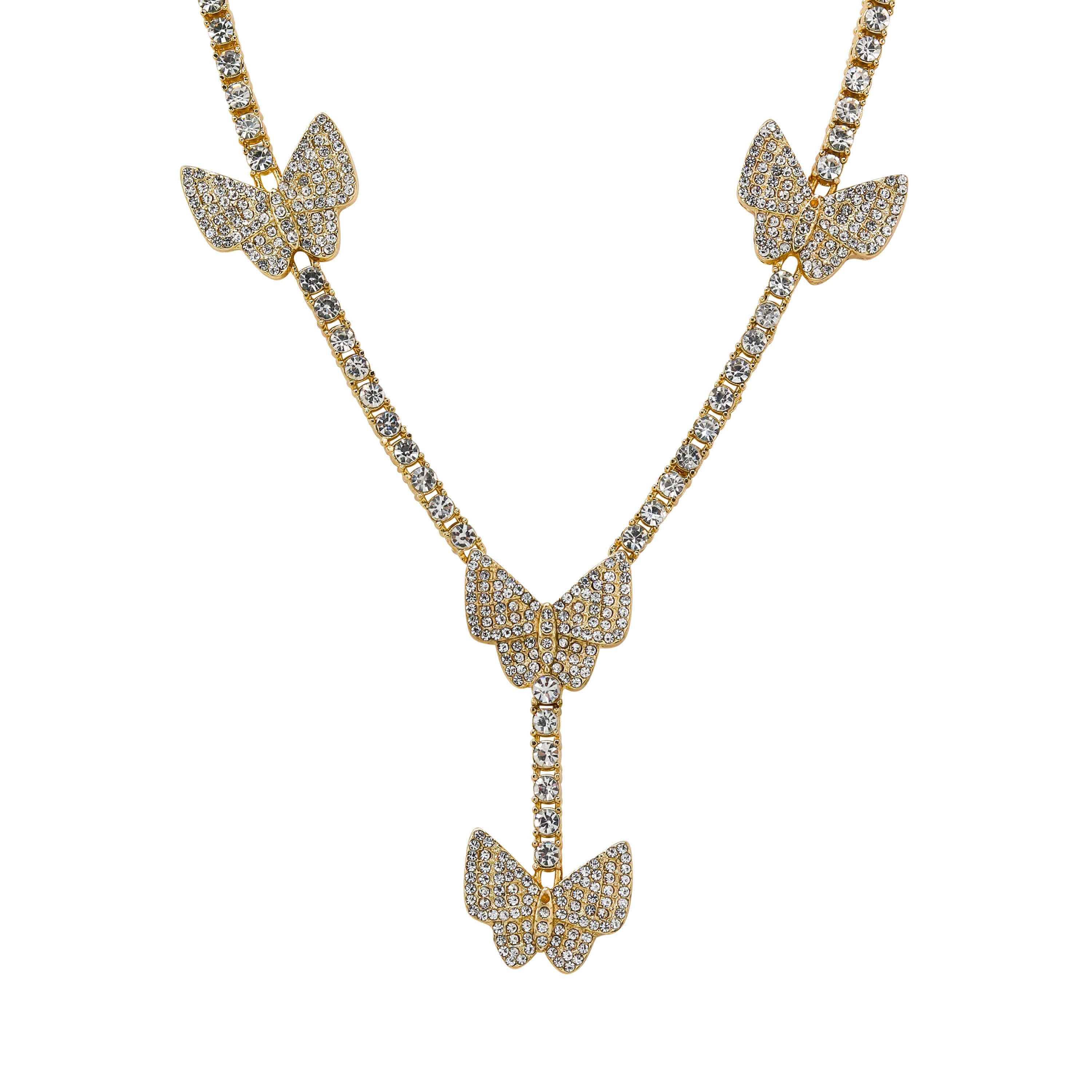 Gold Iced Butterfly Lariat Tennis Necklace featuring pavé crystal butterfly charms and a drop design.