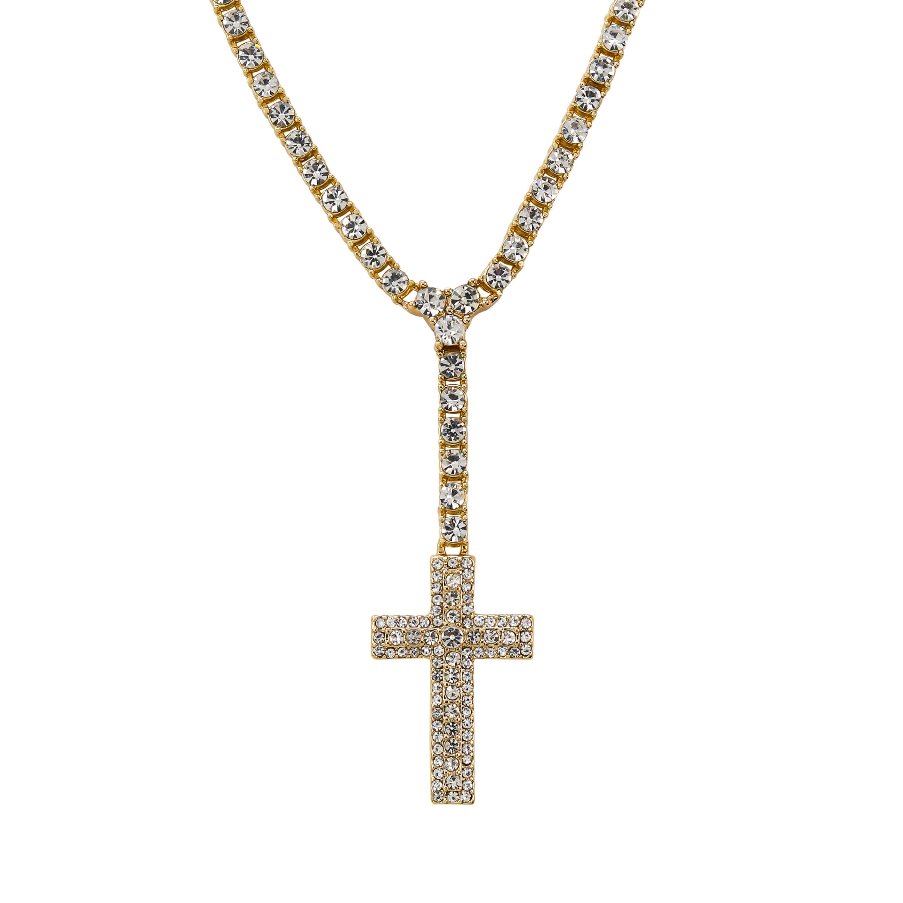 Gold Iced Cross Lariat Tennis Necklace featuring a pavé crystal cross pendant and shimmering chain.