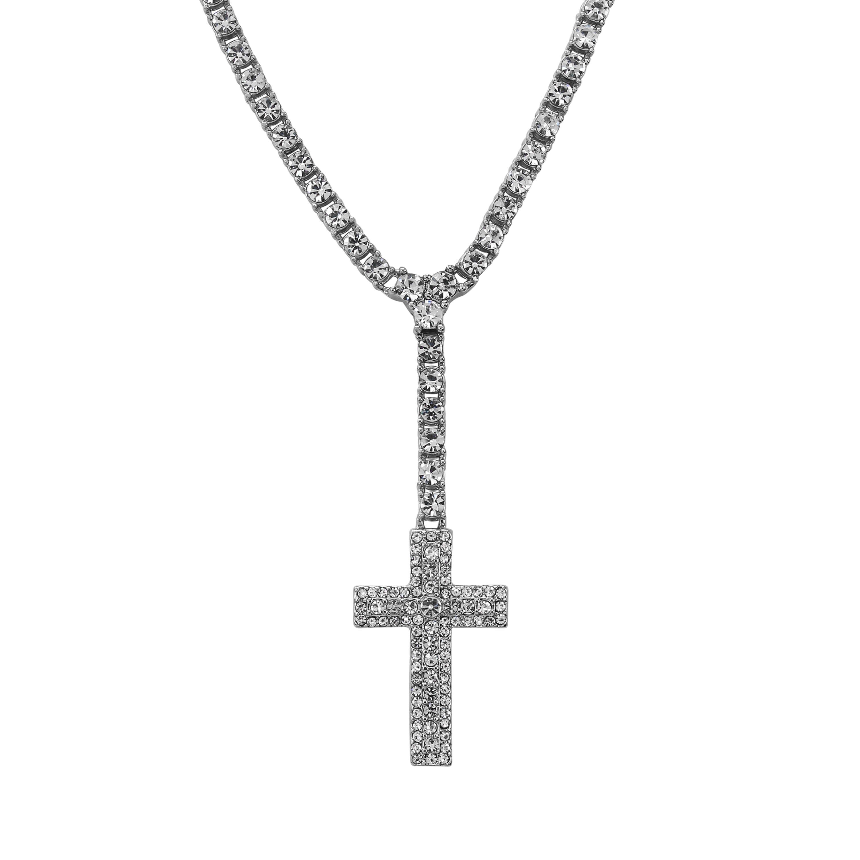 Silver Iced Cross Lariat Tennis Necklace adorned with a sparkling pavé crystal cross on a tennis chain.