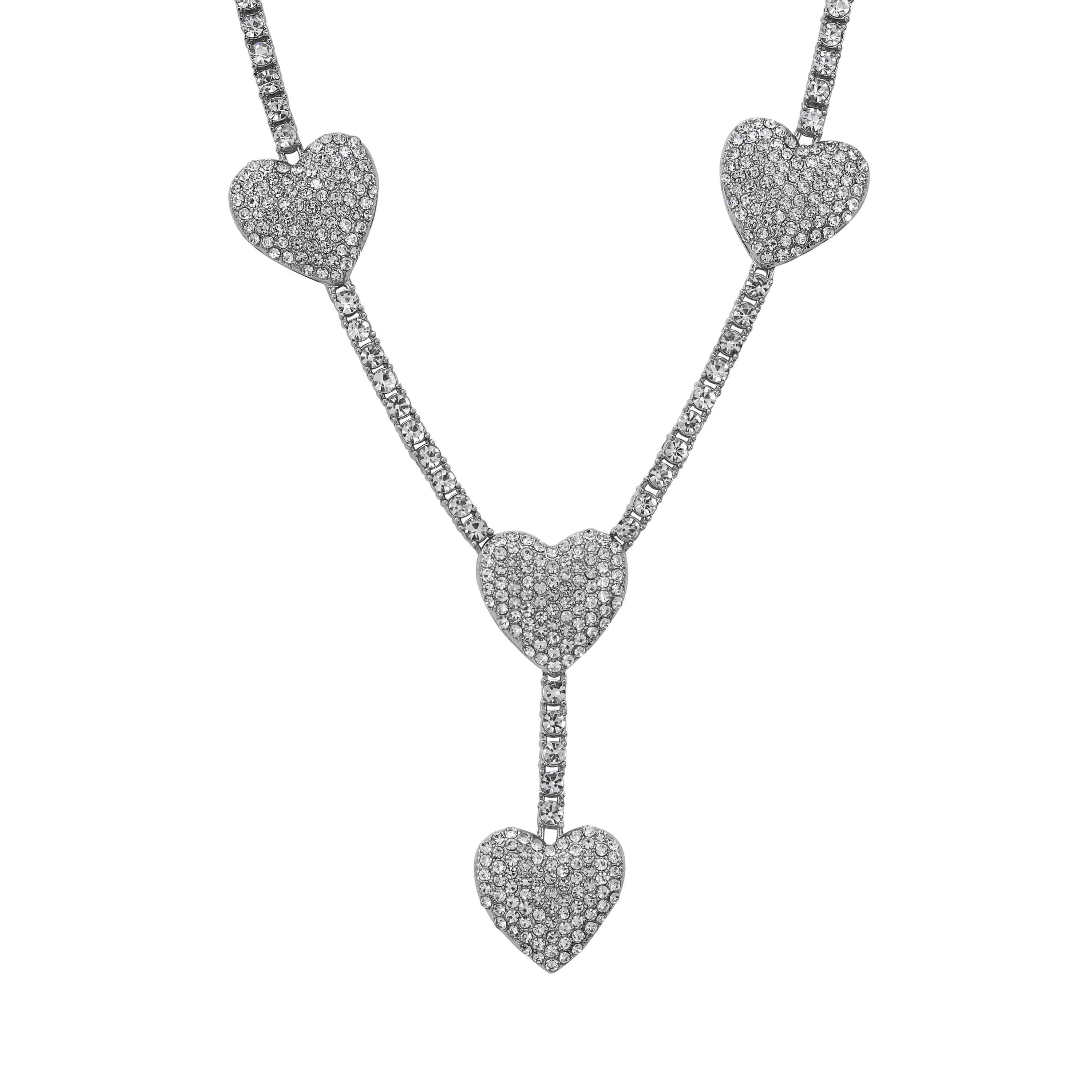 Silver Iced Heart Lariat Tennis Necklace adorned with pavé crystal hearts and a dangling drop charm.