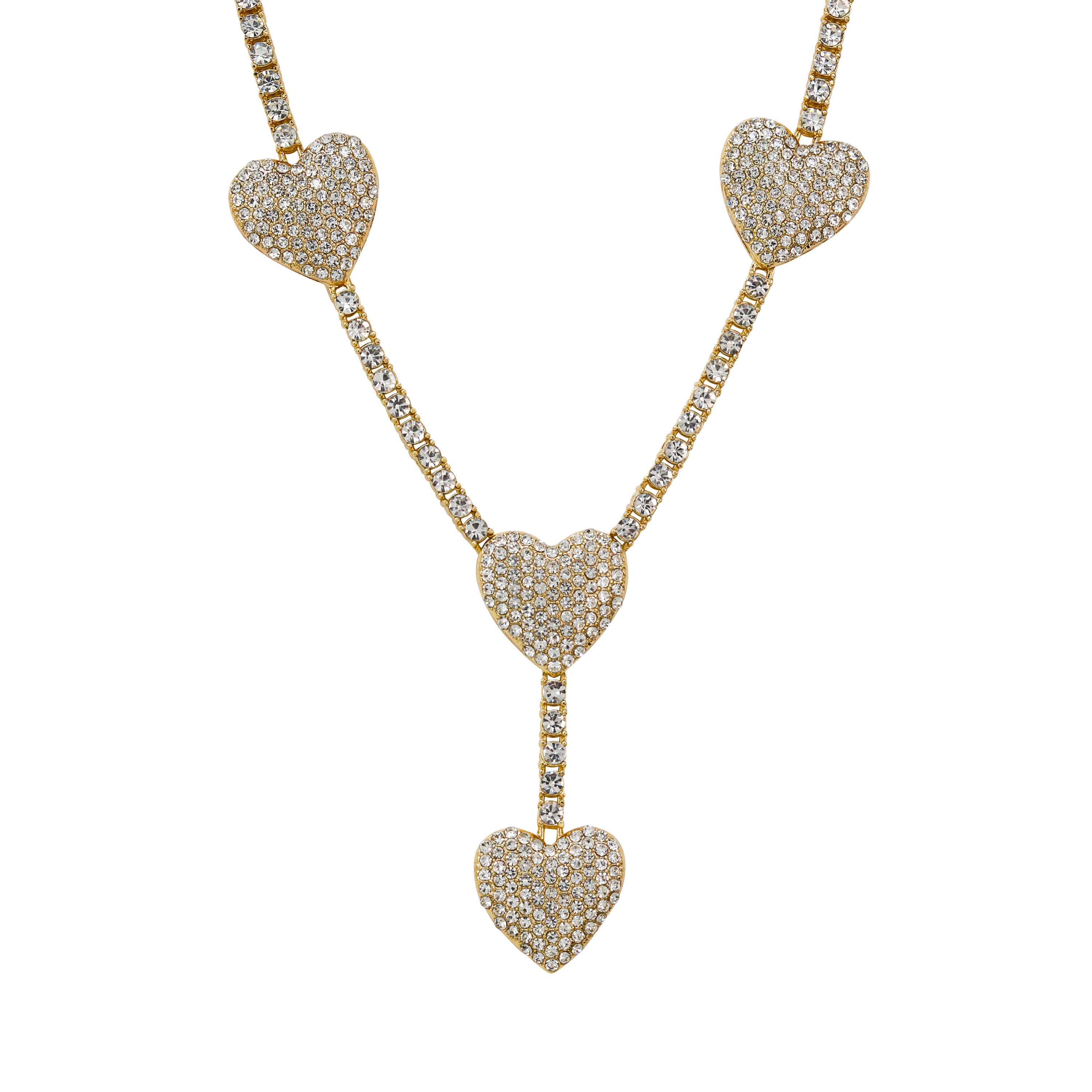 Gold Iced Heart Lariat Tennis Necklace featuring pavé crystal heart charms and a drop-chain design.