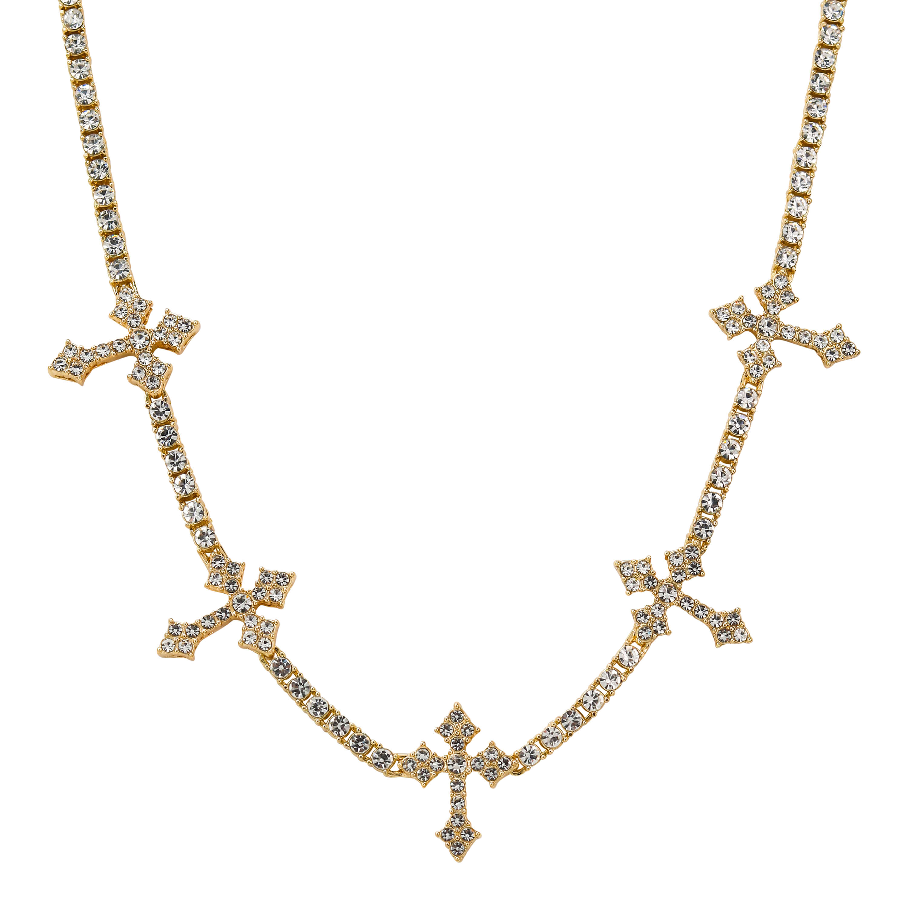 Gold Iced Crosses Tennis Choker featuring sparkling pavé cross pendants arranged along a classic tennis chain.