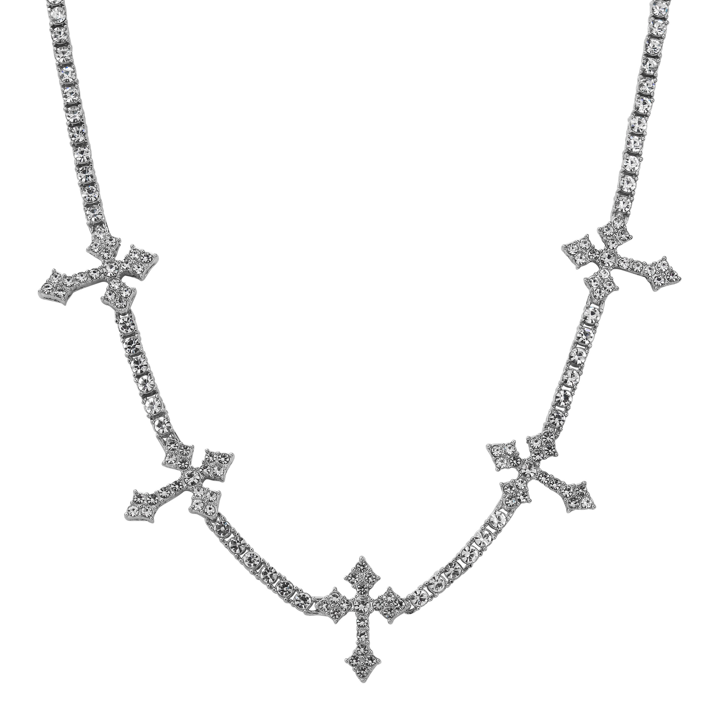 Silver Iced Crosses Tennis Choker adorned with pavé crystal cross accents on a sleek, polished tennis chain.