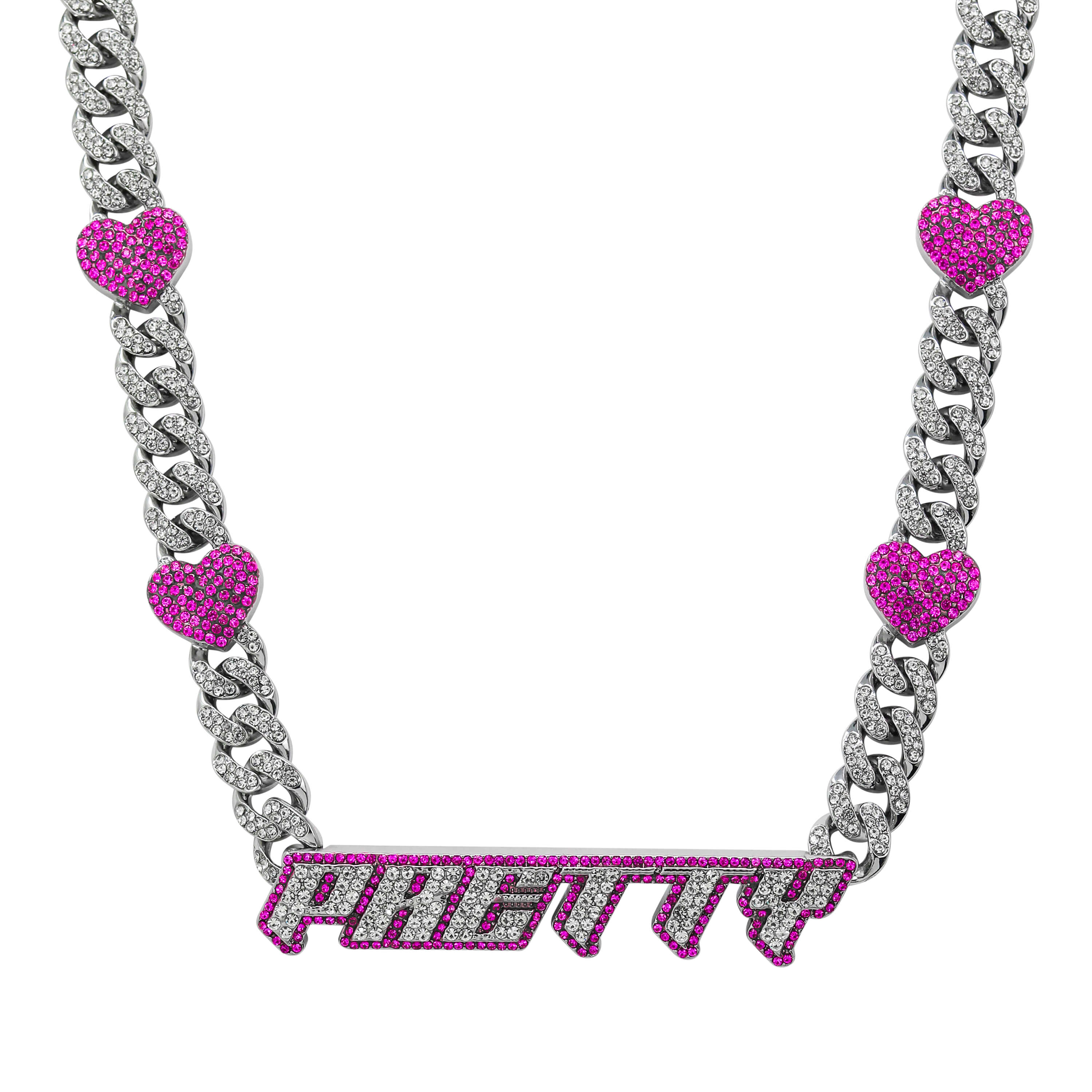 Pretty Pink Heart Cuban Choker featuring silver iced links and bold pink heart details on white.